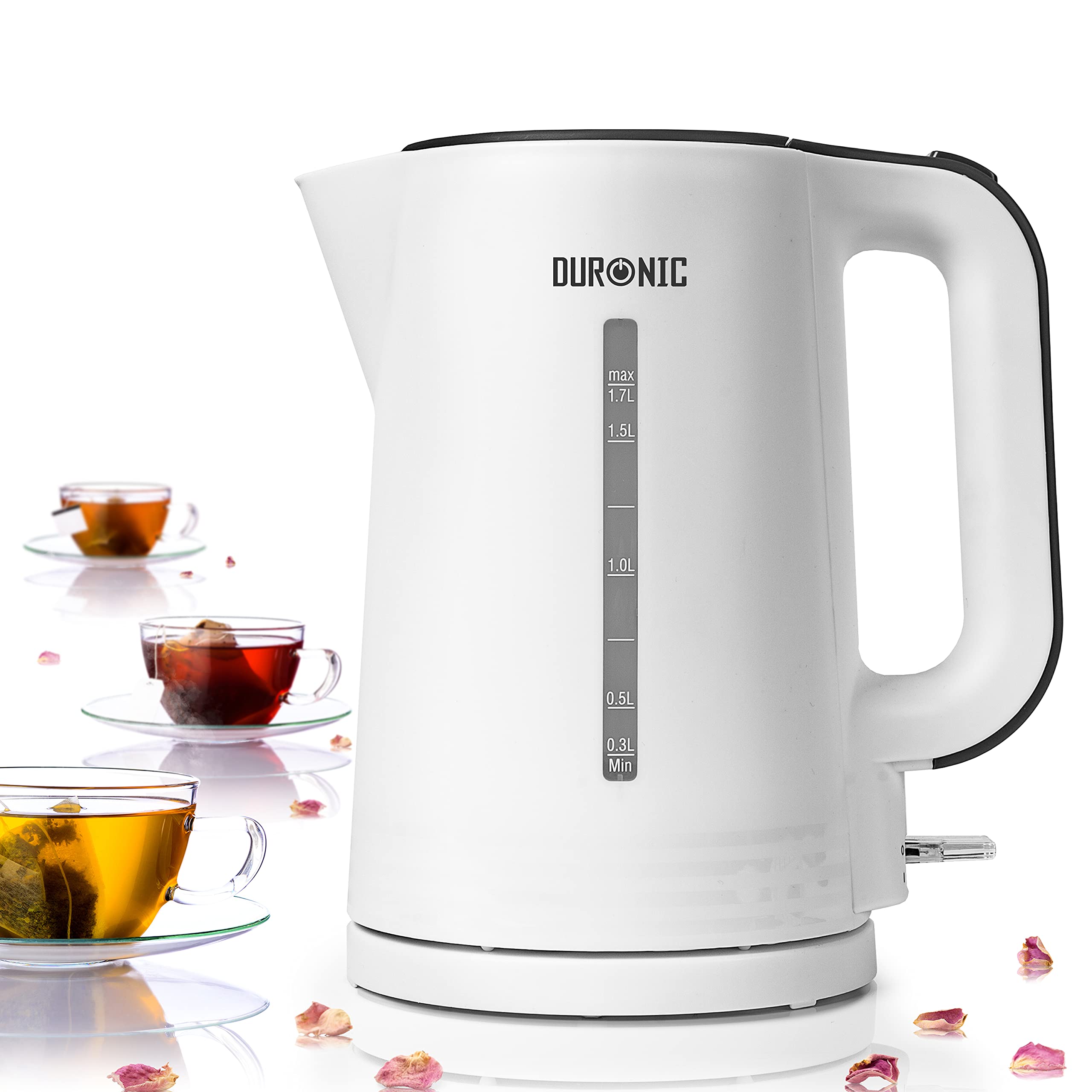 Duronic EK17 WE Cordless Electric Kettle - Fast Boiling, Dry Protection, Quiet Operation - Stainless Steel Water Boiler for Tea, Coffee, Hot Chocolate & Soup - Perfect for Home, Office & Dorm Use (White)