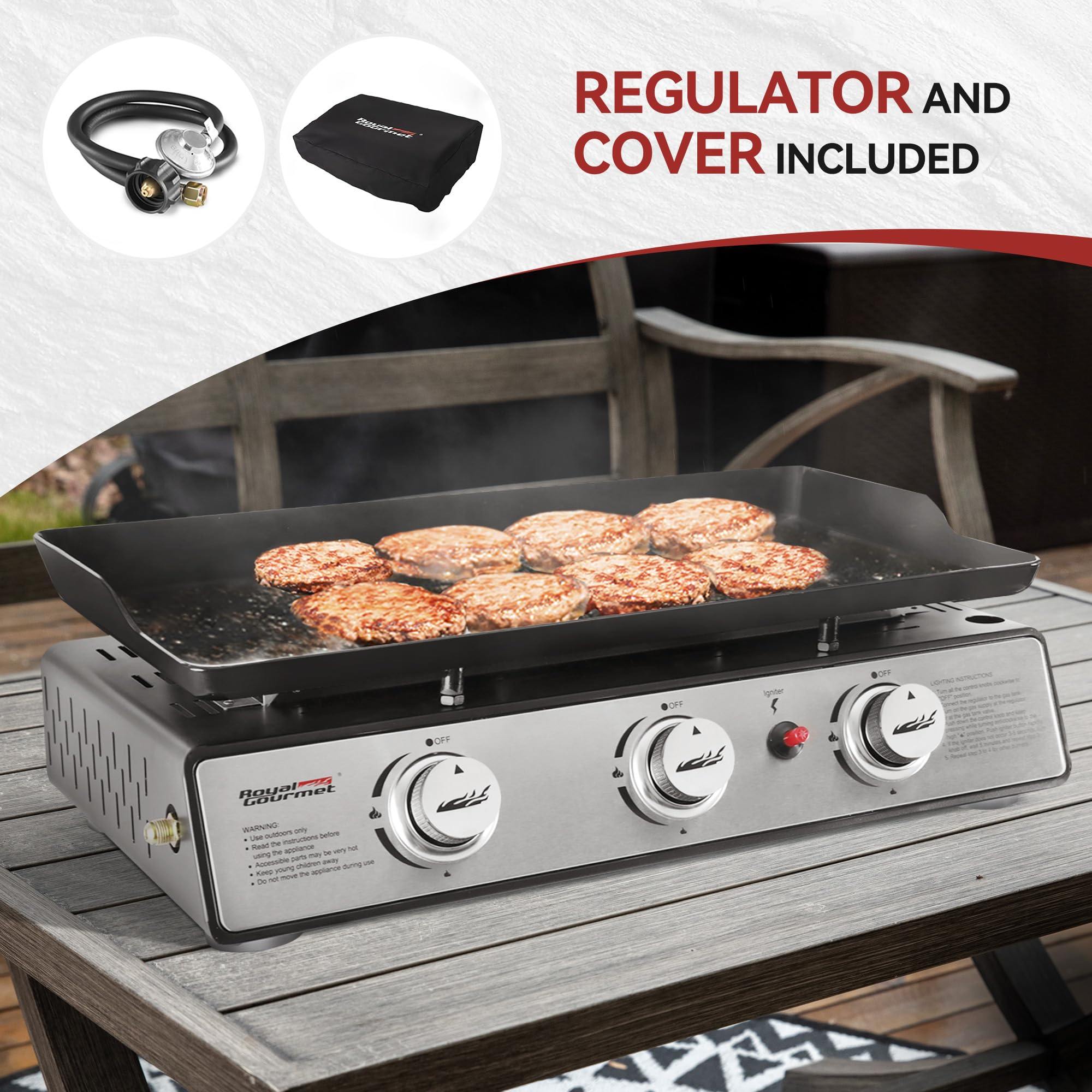 Royal Gourmet PD1301S 24-Inch Portable 3-Burner Gas Grill Griddle with Cover - 25,500 BTU Outdoor Cooking for Camping, Tailgating, Backyard BBQs & Picnics - Black