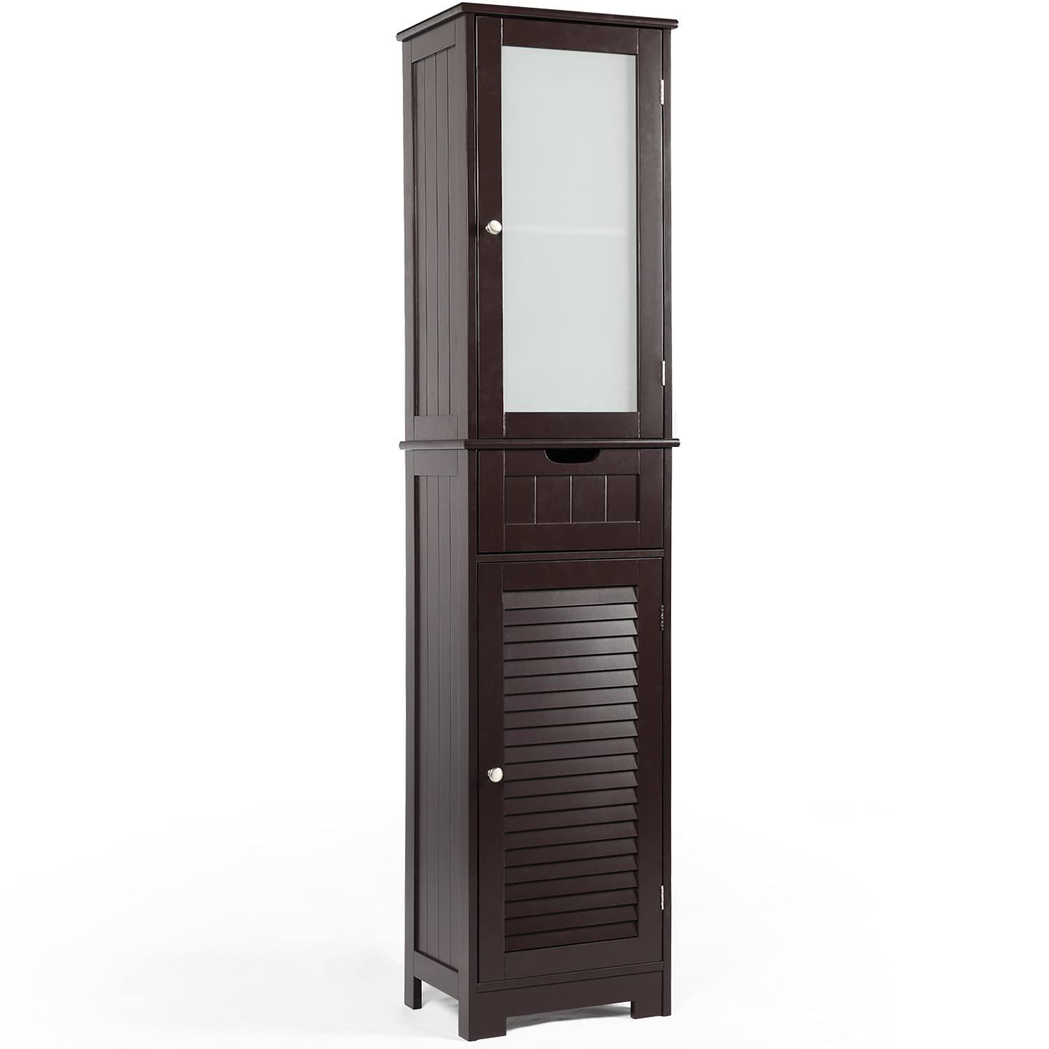 Freestanding Wooden Bathroom Storage Cabinet with Glass Shutter Doors & Adjustable Shelves - Tall Linen Organizer for Bathroom, Bedroom or Laundry Room (Dark Brown) - Perfect for Towel Storage, Toiletries Organization & Home Decor
