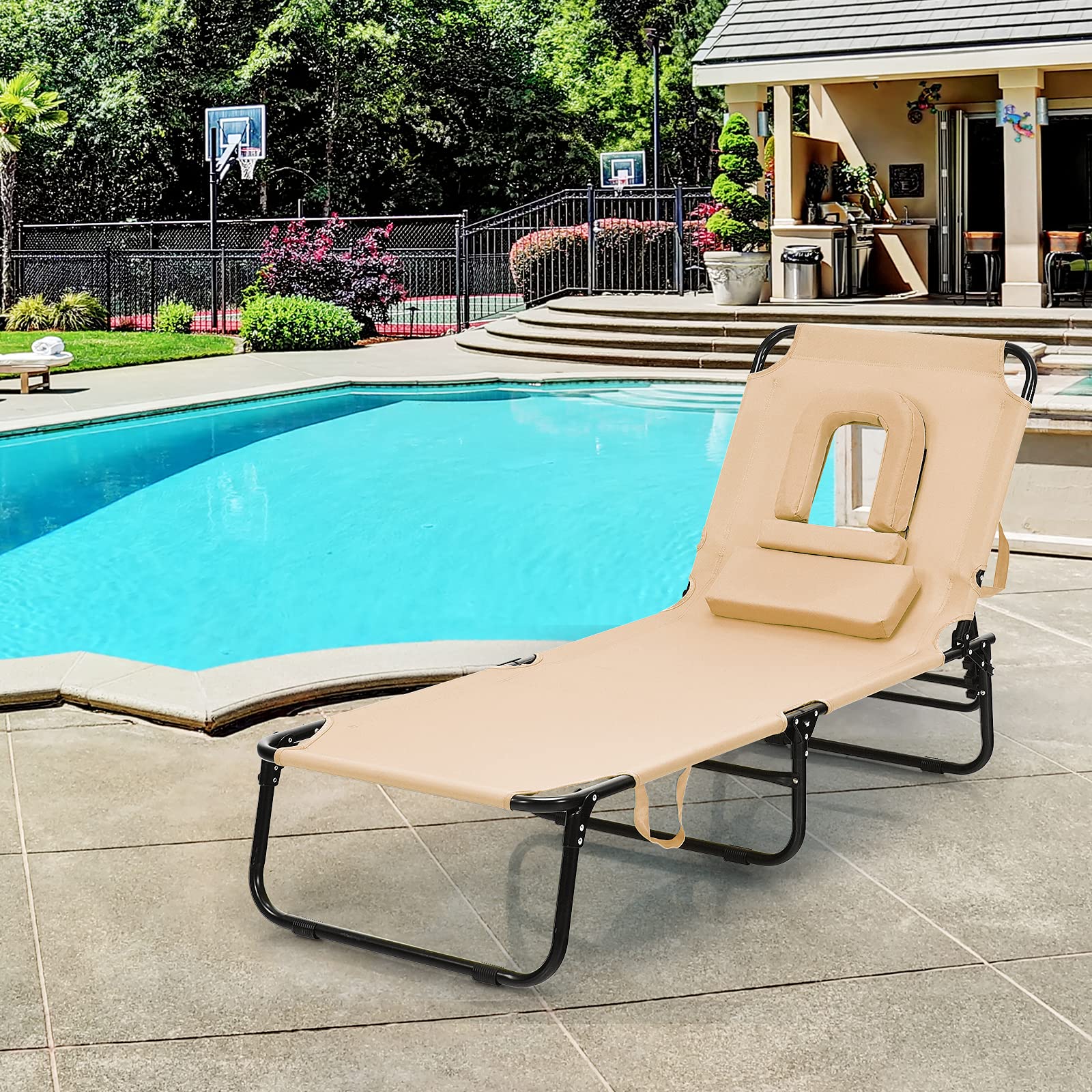 GYMAX Adjustable Folding Beach Lounge Chair - Portable Sunbathing Recliner with Face Hole for Backyard, Poolside & Outdoor Relaxation | Perfect for Beach, Patio, Camping and Vacation Use