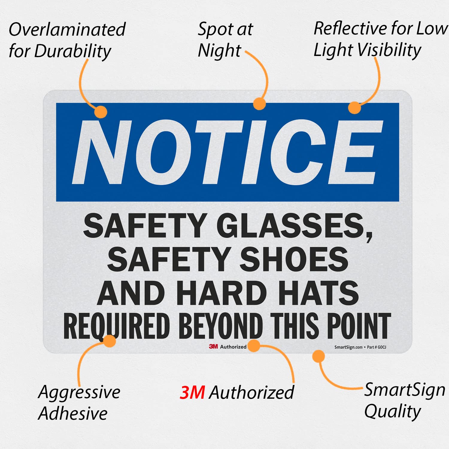 SmartSign 10 x 14 Inch OSHA Safety Sign - 'Notice: Safety Glasses, Shoes & Hard Hats Required Beyond This Point' - 5.5 Mil Laminated Vinyl with 3M Reflective Material - Blue/Black/White - Perfect for Construction Sites & Industrial Work Zones