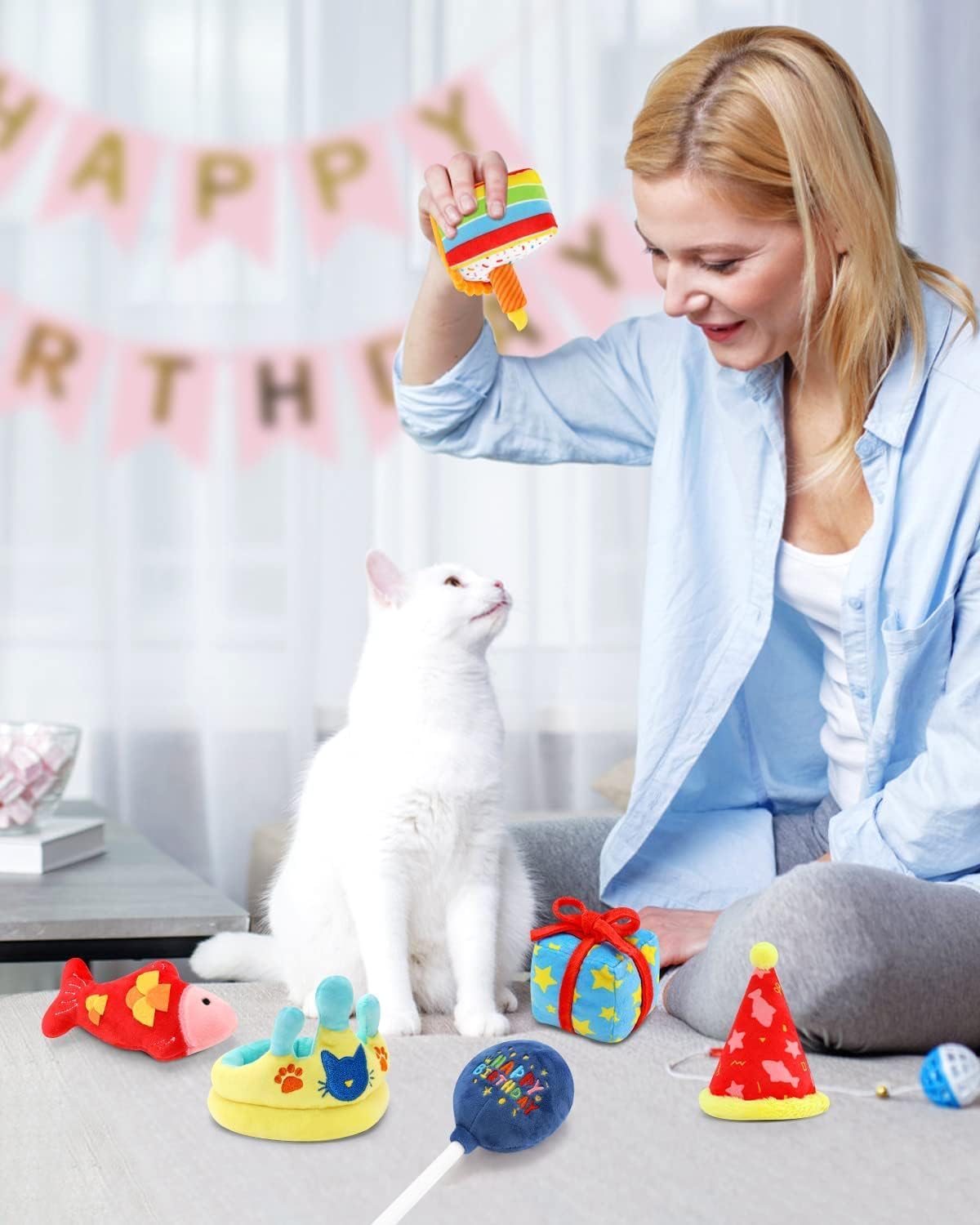 CIYVOLYEEN 6PCS Catnip Toys for Cats - Birthday Themed Interactive Kitten Toys with Plush Fish, Cake & Crown - Perfect Cat Litten Gift for Cat Lovers | Great for Playtime, Chewing & Kicking Fun