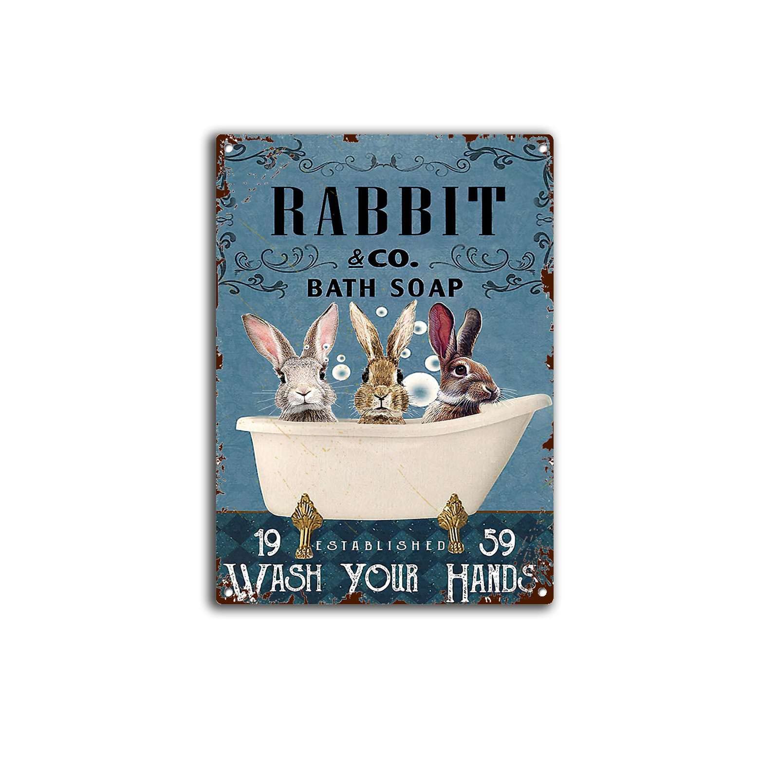 Vintage Rabbit Bath & Soap Company Metal Tin Sign - 8x12 Inch Hand Wash Decor, Animal Wall Art for Bathroom - Retro Rabbit Decor, Personalized Fun Home Sign for Farmhouse, Laundry Room & Vintage Style Spaces