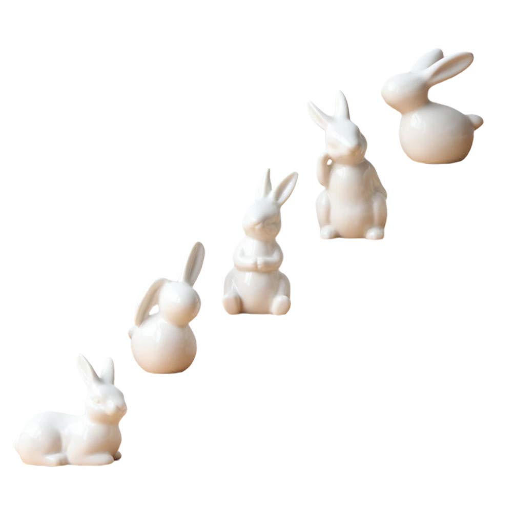 5Pcs Ceramic Rabbit Figurines - Porcelain Bunny Statue Sculpture for Easter Decor, Fairy Garden, Cake Topping, Shelf Display & Dashboard Decoration | Cute Animal Table Ornament & Goody Bag Filler Gift