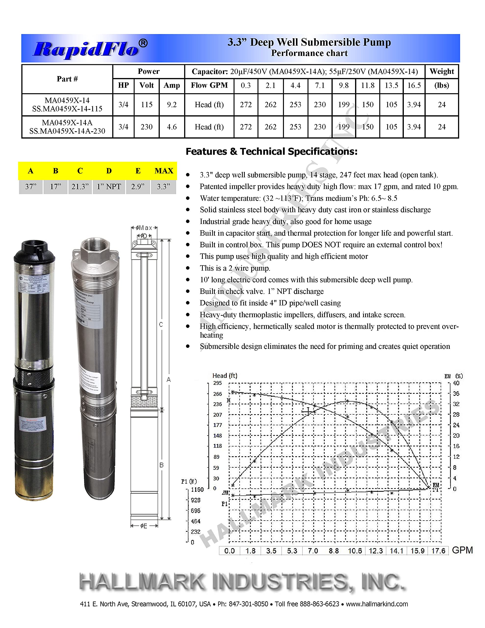 Hallmark Industries MA0459X-14A 3/4 HP Deep Well Submersible Pump - 3 Inch Stainless Steel, 230V, 14 Stage, 270ft Head, 13 GPM - Ideal for Residential Water Supply, Irrigation, and Farm Use