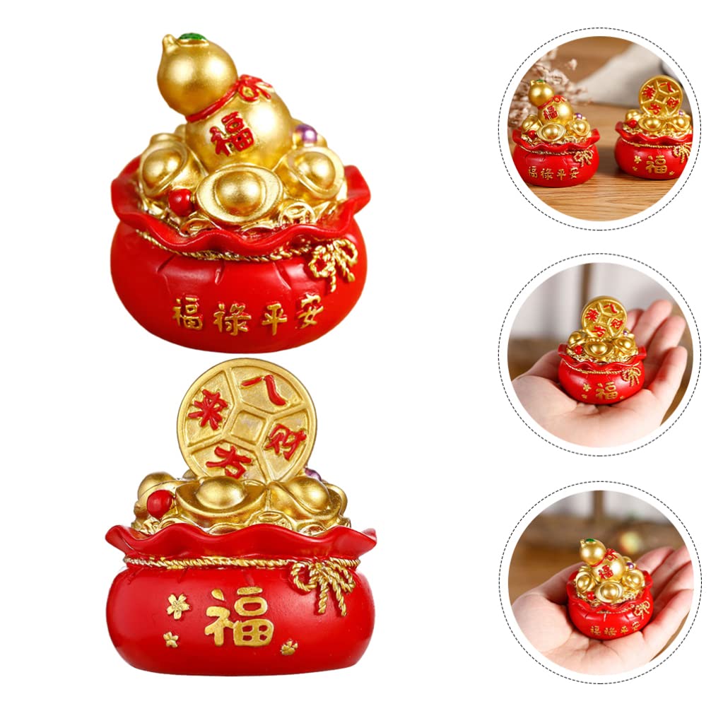 2Pcs Chinese Feng Shui Golden Money Bag Treasure Basin - Lucky Wealth Ingot Decorative Figurine for Home & Office - Attract Prosperity & Good Fortune - Perfect for Desk Decor, Gift Giving & Feng Shui Arrangements