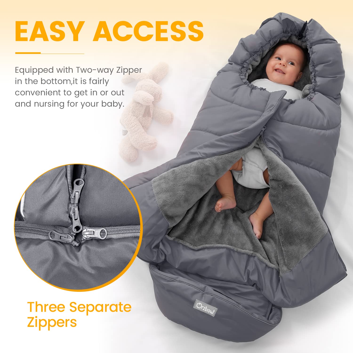 Orzbow Universal Warm Bunting Bag - Waterproof Stroller Sleeping Bag for Toddlers in Cold Weather (Grey) | Perfect for Winter Walks, Outdoor Adventures & Baby Stroller Protection