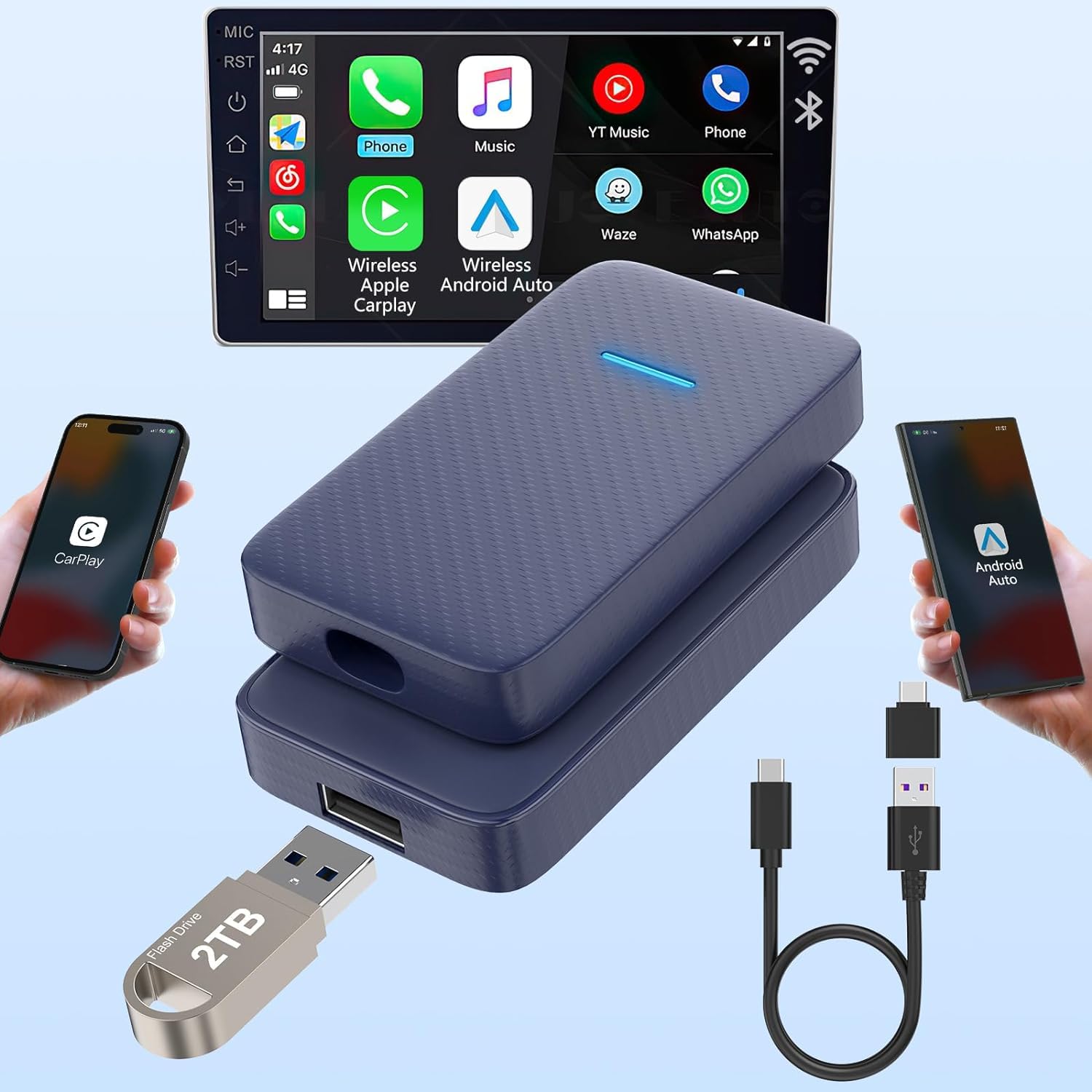 2 in 1 Wireless CarPlay & Android Auto Adapter - Fast Auto Connect for iPhone & Android - Convert Wired to Wireless CarPlay - Plug & Play USB Adapter for Factory Wired Cars - Perfect for Commuting, Road Trips & Hands-Free Driving