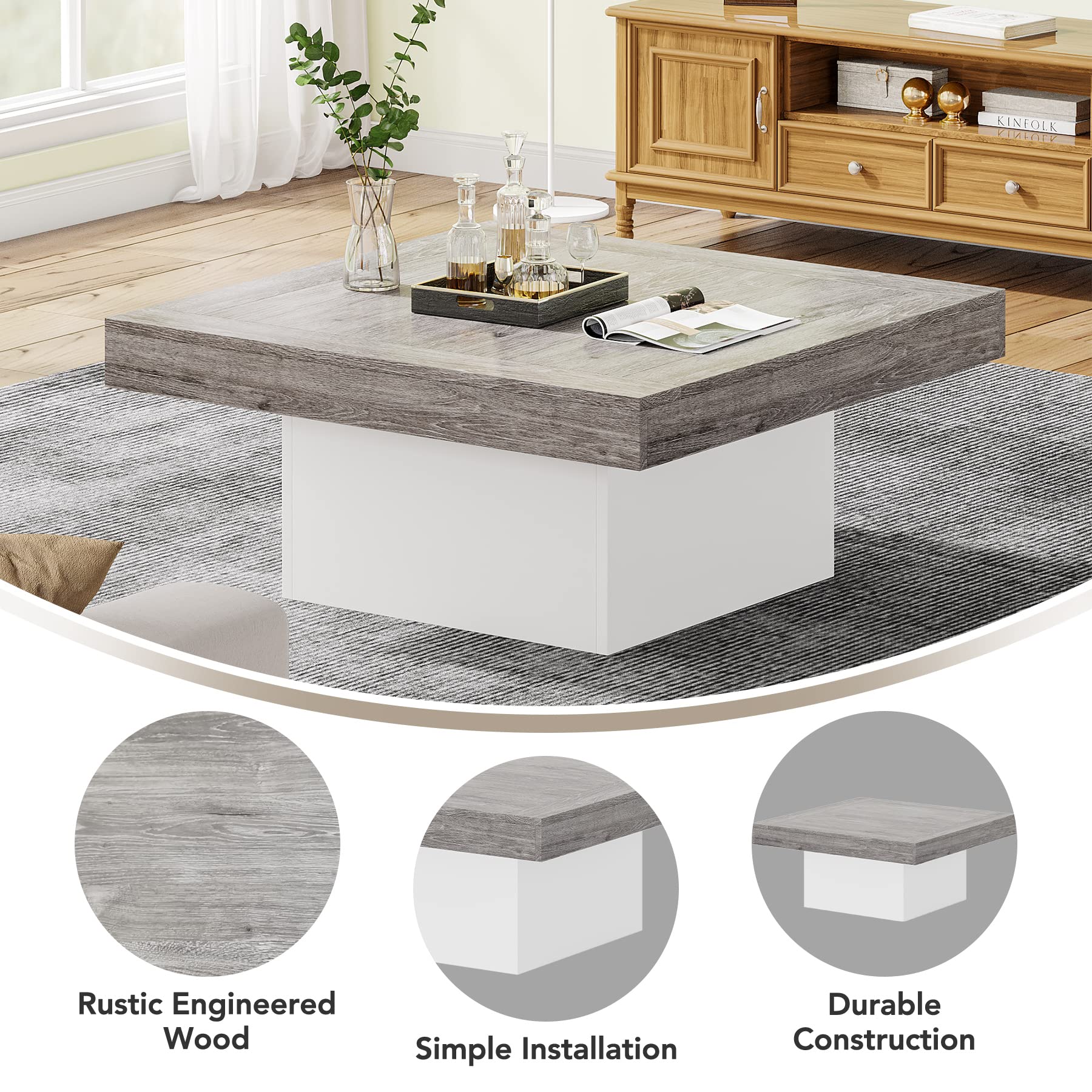 Tribesigns Modern Square LED Coffee Table with Storage - Engineered Wood Living Room Furniture in Grey & White - Perfect for Small Spaces, Apartments & Home Decor
