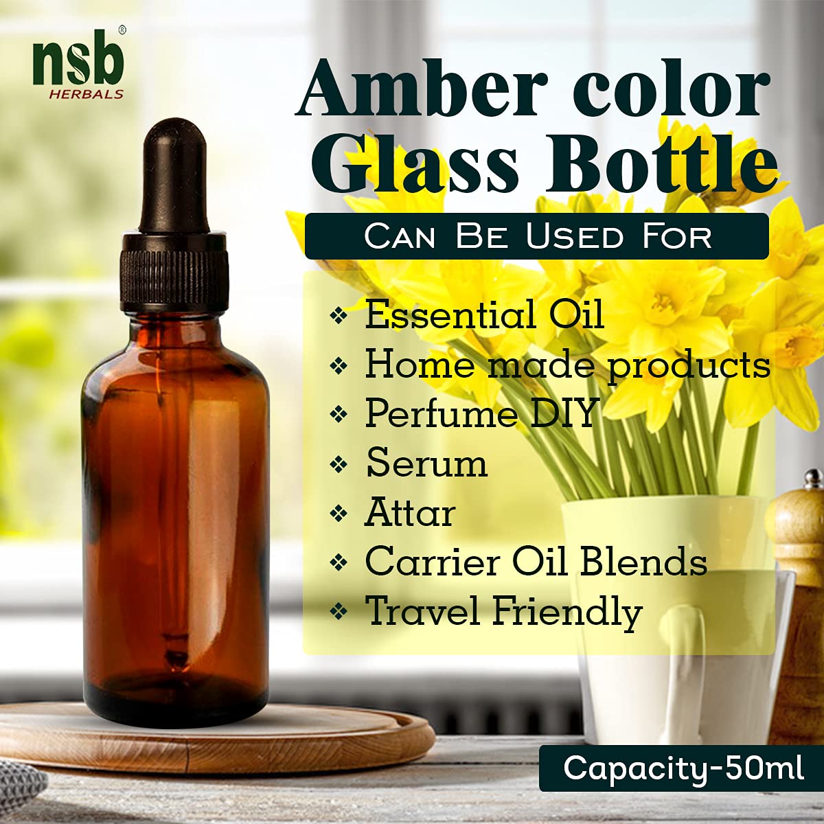 NSB Herbals 50ml Amber Round Empty Glass Bottle with Glass Dropper, Black Ring & Silicone Teat - Leak Proof, Refillable, Reusable for Essential Oils, Perfumes, DIY Blends (Pack of 3) | Perfect for Aromatherapy, Travel & Home Storage