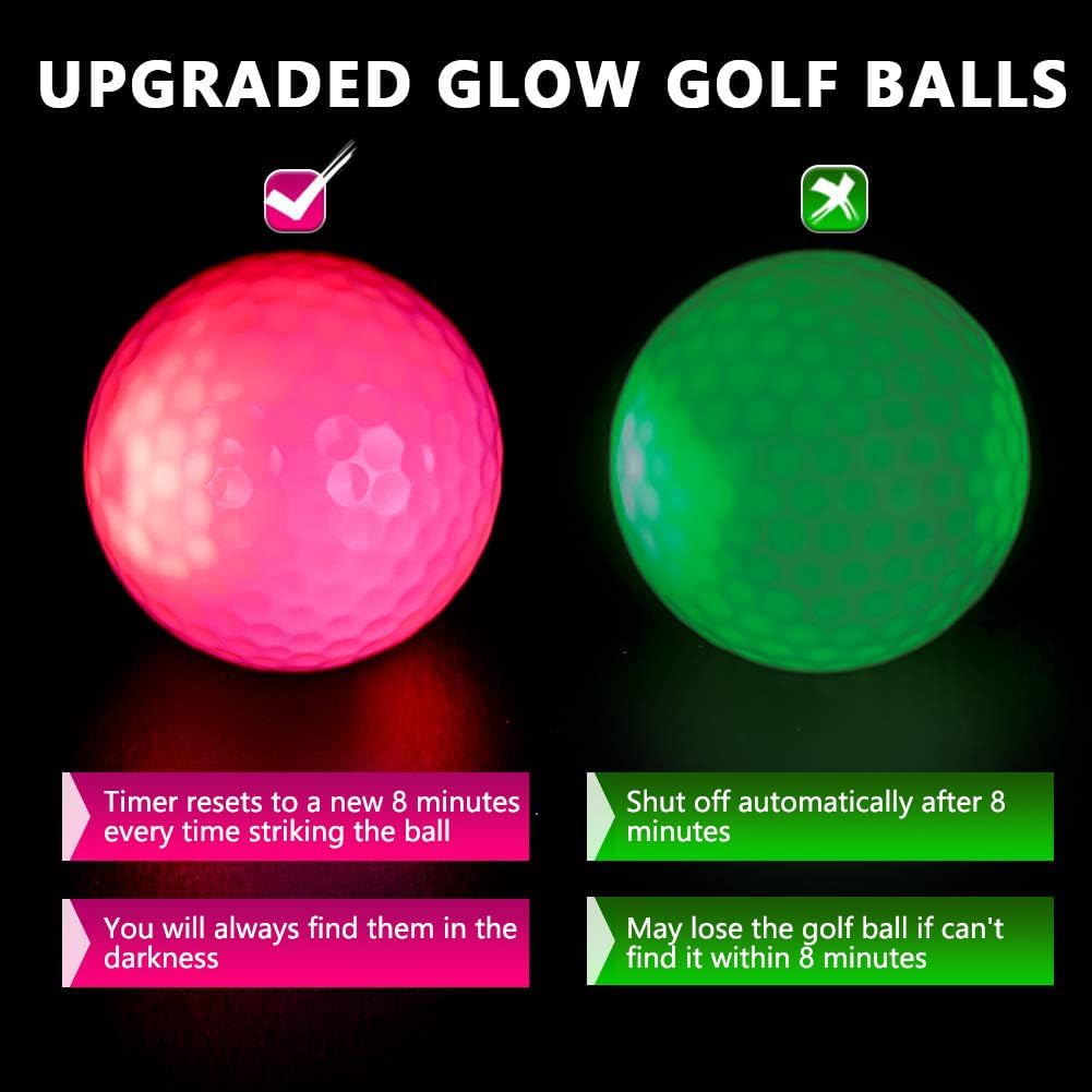 Glow in The Dark Golf Balls - 7 Color LED Light Up Golf Balls for Night Golfing | Light Activated, No Timer, Easy On/Off with Flashlight | 6 Pack for Outdoor, Backyard, and Driving Range Practice