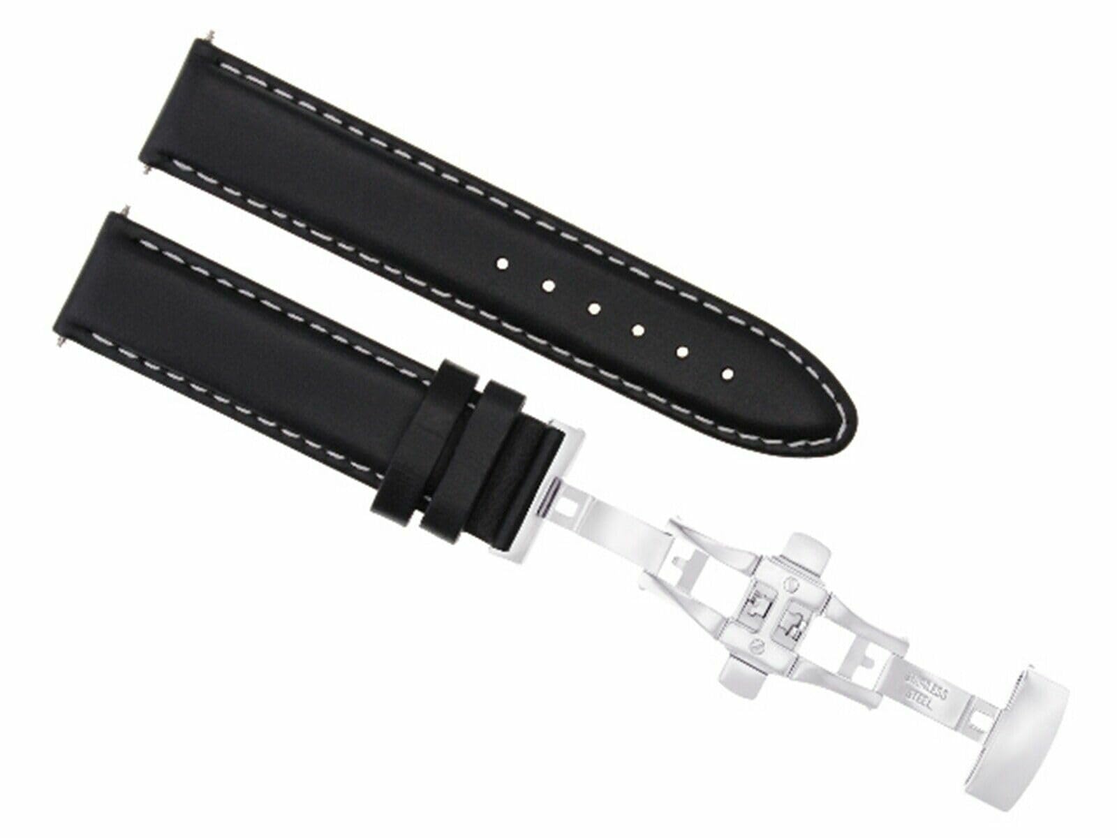 20mm Smooth Leather Watch Band Strap with Deployment Buckle - Compatible with Breitling Watches - Black Genuine Leather with White Stitching - Perfect for Business, Casual & Formal Occasions