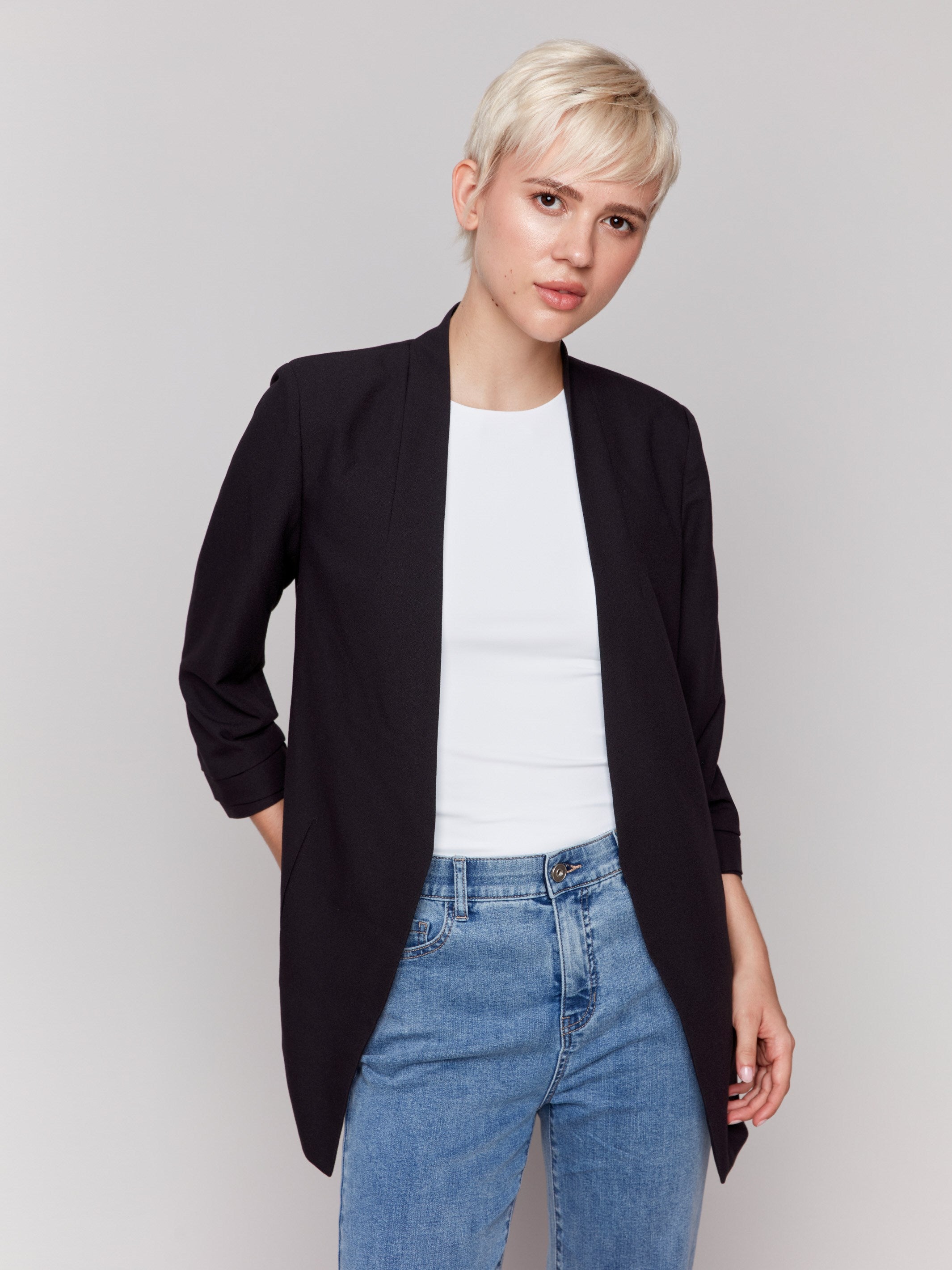 Elegant Black Crepe Open Front Blazer for Women - Office Wear, Business Casual & Formal Occasions