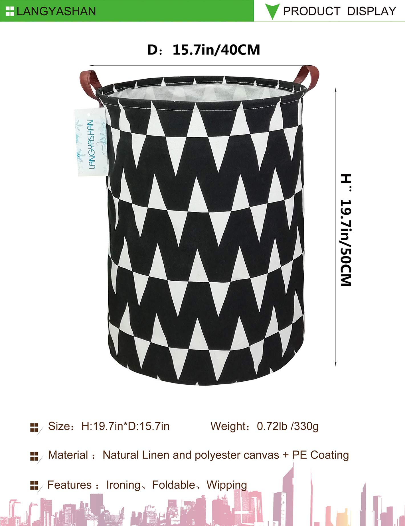 LANGYASHAN Collapsible Canvas Laundry Basket - Foldable Storage Bin for Clothes, Toys, and Organizing - Perfect for Bedroom, Nursery, Kids Room & Gift Giving (Black, Medium) - Space-Saving Home Organization Solution