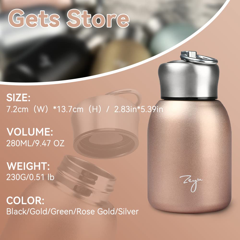 Gets Mini 9 oz (280ML) Stainless Steel Vacuum Insulated Water Bottle - Leak Proof, Keeps Hot & Cold - Rose Gold Sport Tumbler for Gym, Hiking, Office & Outdoor Activities