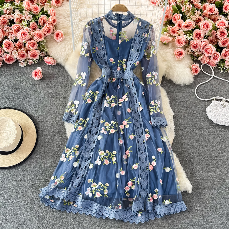 Elegant Autumn Fairy Long Dress with Embroidered Mesh Floral Design - Blue Stand Collar Maxi Dress 1374 | Perfect for Fall Weddings, Parties & Special Occasions