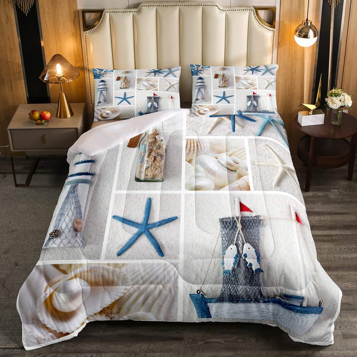 Erosebridal Nautical Comforter Set Full Size - Beach Theme Duvet Cover with Marine Sailboat Design for Kids, Boys, Girls & Teens - Lighthouse Pearl Quilted Bedding Set for Bedroom & Living Room Decor - Perfect for Coastal, Beach House or Nautical Themed Rooms
