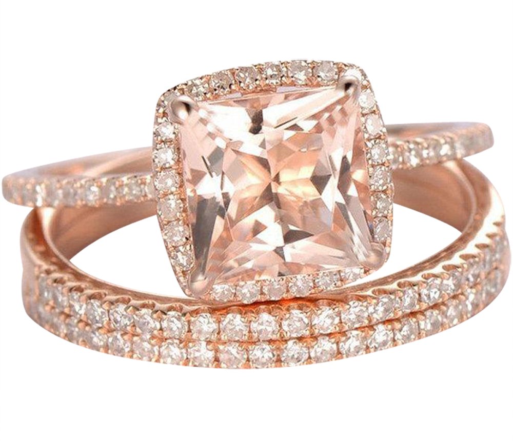 2 Carat Morganite and Diamond Trio Wedding Ring Set - 10k Rose Gold Engagement Ring with Matching Bands | Perfect for Proposals, Anniversaries & Bridal Jewelry Gifts