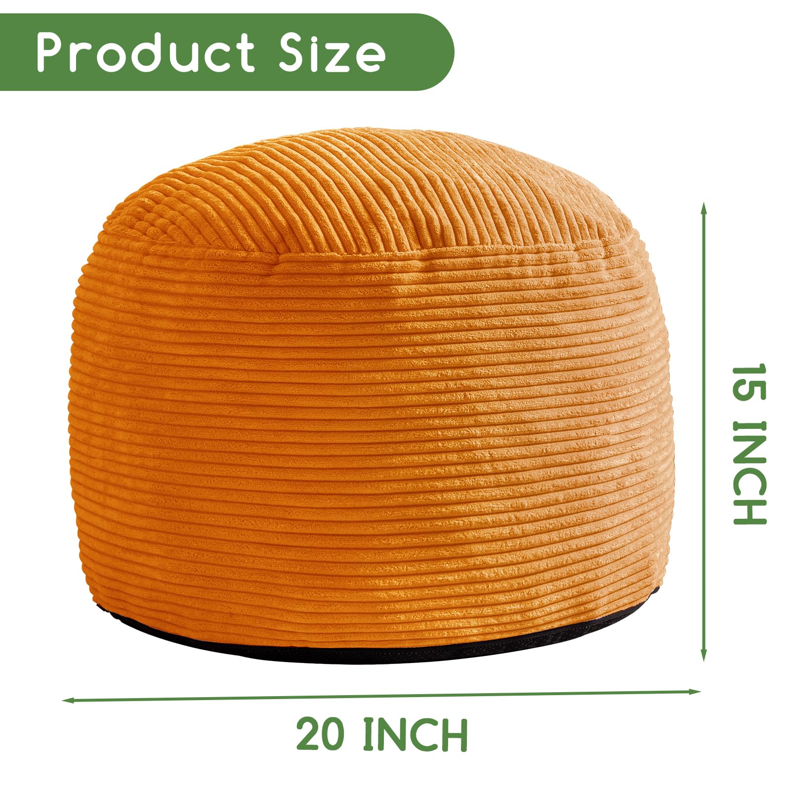 MAXYOYO Round Stuffed Pouf Ottoman - Corduroy Foam-Filled Footrest, 20 x 15 Inches, Orange - Perfect for Living Room, Bedroom & Nursery Decor