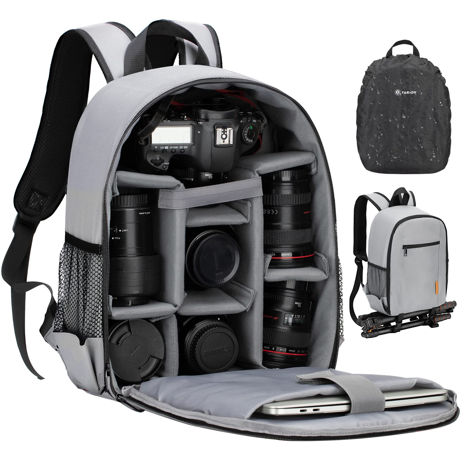 Professional Camera Backpack for Photographers - Waterproof DSLR Camera Bag with Laptop Compartment & Rain Cover, Fits Camera, Lens & Tripod (Grey, TB-S) - Perfect for Travel, Hiking & Outdoor Photography