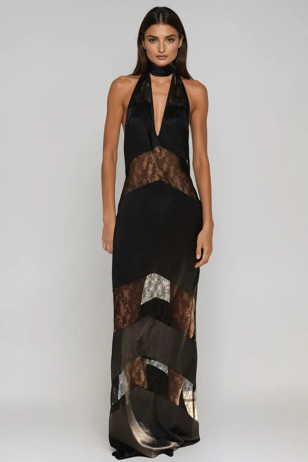 Clora Elegant Satin Halter Lace Maxi Dress for Women - Black | Formal Evening Gown for Weddings, Parties & Special Occasions