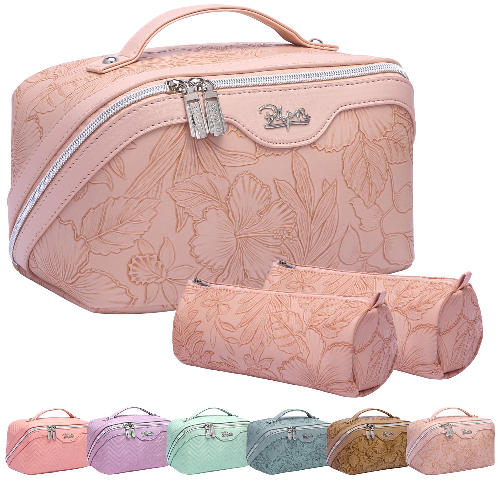 BOYATU 3-Piece Travel Makeup Bag Set - Large Capacity Cosmetic Organizer with Dividers, PU Leather Toiletry Pouch for Women - Portable Wide Open Design with Handle (Pink) - Perfect for Travel, Gym, and Daily Makeup Storage