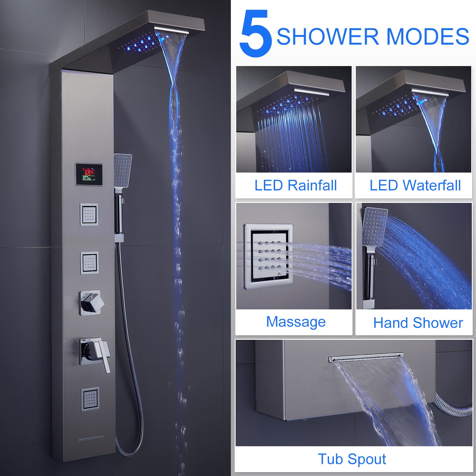 MENATT LED Shower Panel - 5-in-1 Shower Tower System with Rainfall Shower Head, Waterfall Spray, Massage Jets, Tub Spout & Handheld Shower - Brushed Nickel Finish for Luxurious Bathroom Upgrade - Perfect for Modern Homes, Spa-Like Experience & Water Therapy