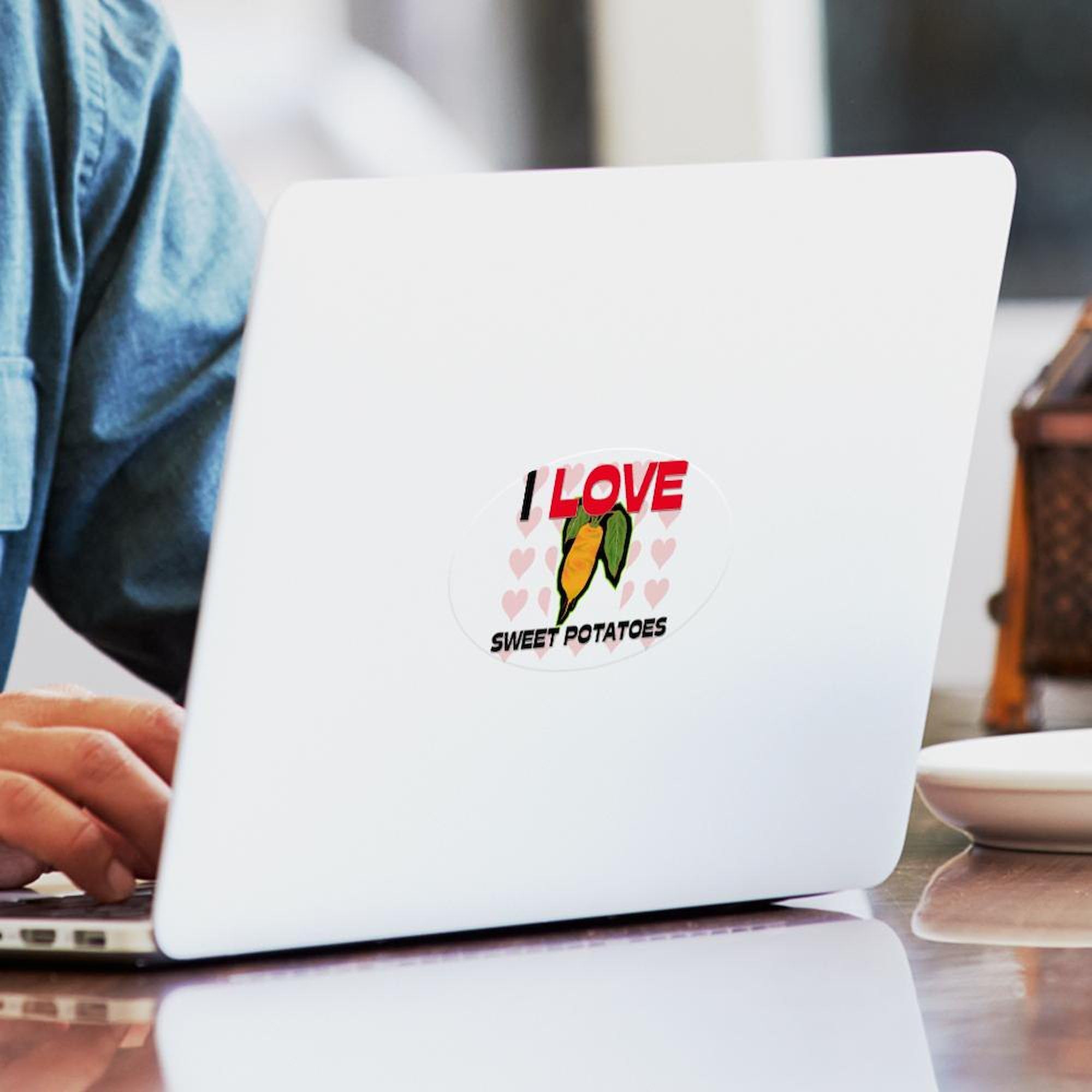 I Love Sweet Potatoes Oval Sticker - Funny Car Bumper Decal for Vehicles, Laptops & Water Bottles - Express Your Food Passion with Vinyl Stickers
