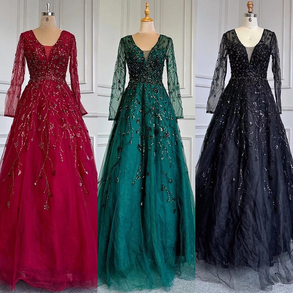 Serene Hill Green A-Line V-Neck Long Sleeve Evening Dress with Beaded Details - Luxury Women's Gown for Wedding, Party & Special Occasions | Elegant Formal Wear for Prom, Cocktail & Black Tie Events