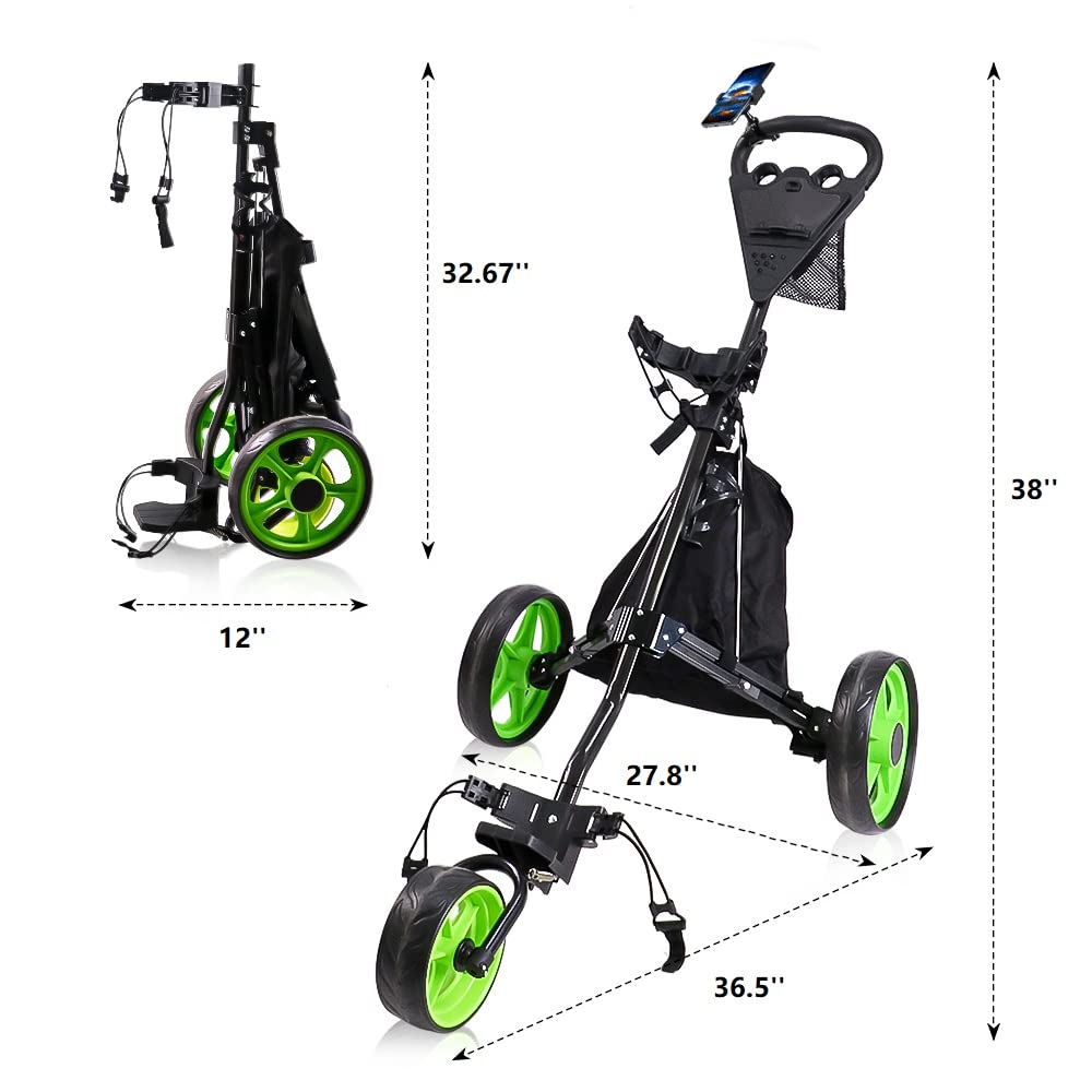 LTY 3-Wheel Folding Golf Push Cart with Foot Brake, Phone Holder & Waterproof Cooler Bag - Lightweight Portable Golf Cart with Adjustable Handle for Easy Storage | Perfect for Golf Courses, Practice Ranges & Outdoor Sports