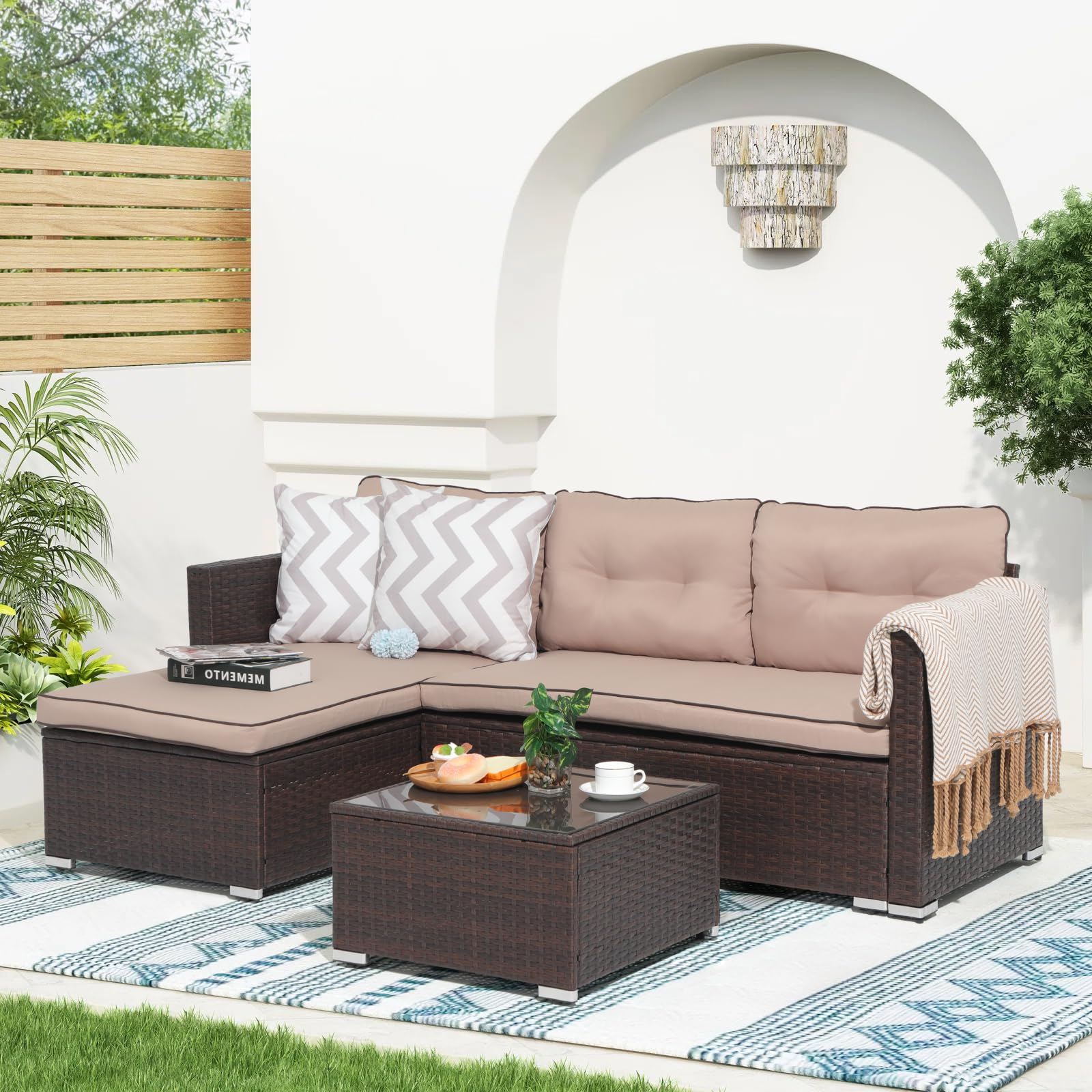 OC Orange-Casual 3-Piece All-Weather Outdoor Patio Furniture Set - Wicker Sectional Sofa with Glass Coffee Table, Brown Rattan & Beige Cushions for Deck, Balcony, Porch, Backyard & Garden Relaxation