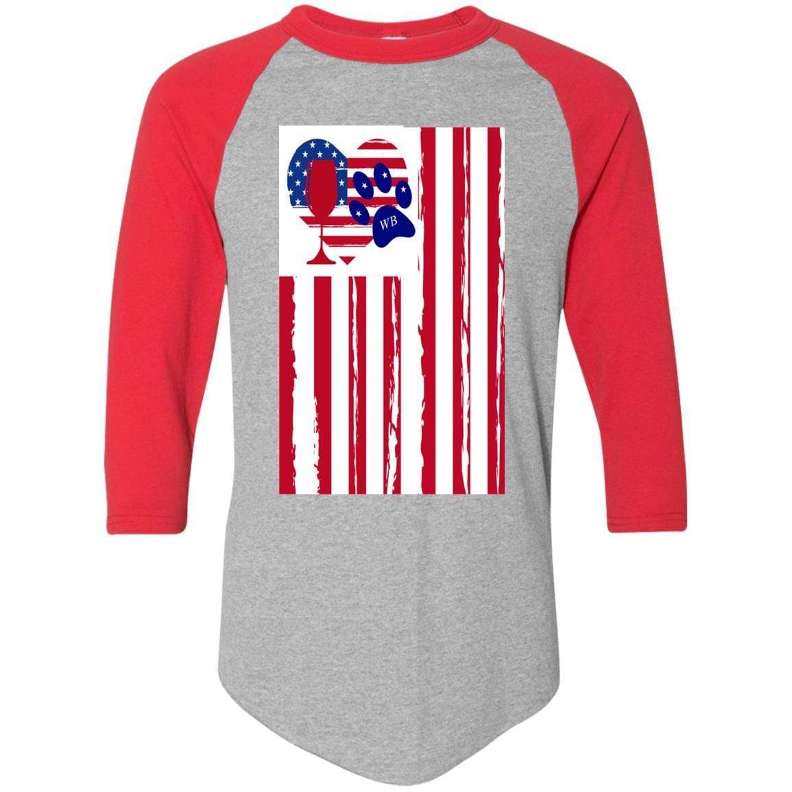 American Flag Wine Glass with Paw Heart Design - Colorblock Raglan Jersey for Women | Perfect for Patriotic Parties, BBQ Gatherings & Wine Lovers
