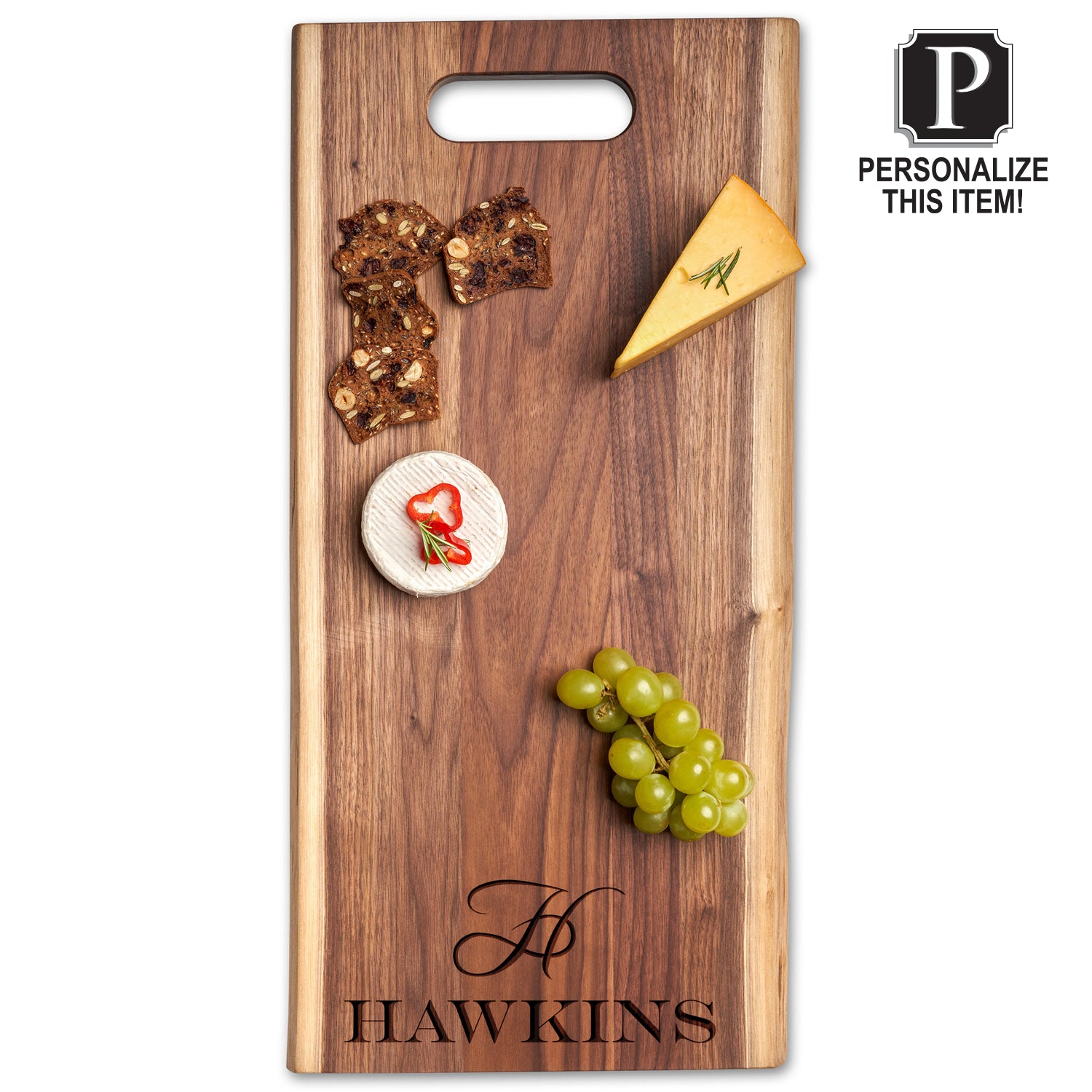 Handcrafted Live Edge Walnut Charcuterie Board - Personalized Single Handle Cheese & Charcuterie Serving Tray (24