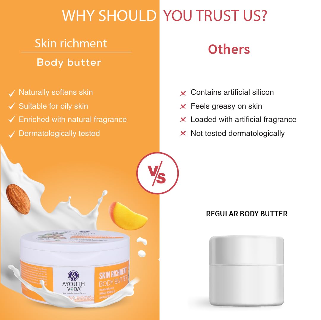 Ayouthveda Skin Richment Body Butter - Cocoa Moringa & Mango Butter with Almond Oil | All-Day Non-Sticky Moisturizer for Men & Women | 200g | Perfect for Dry Skin, After Shower Hydration & Daily Skincare Routine