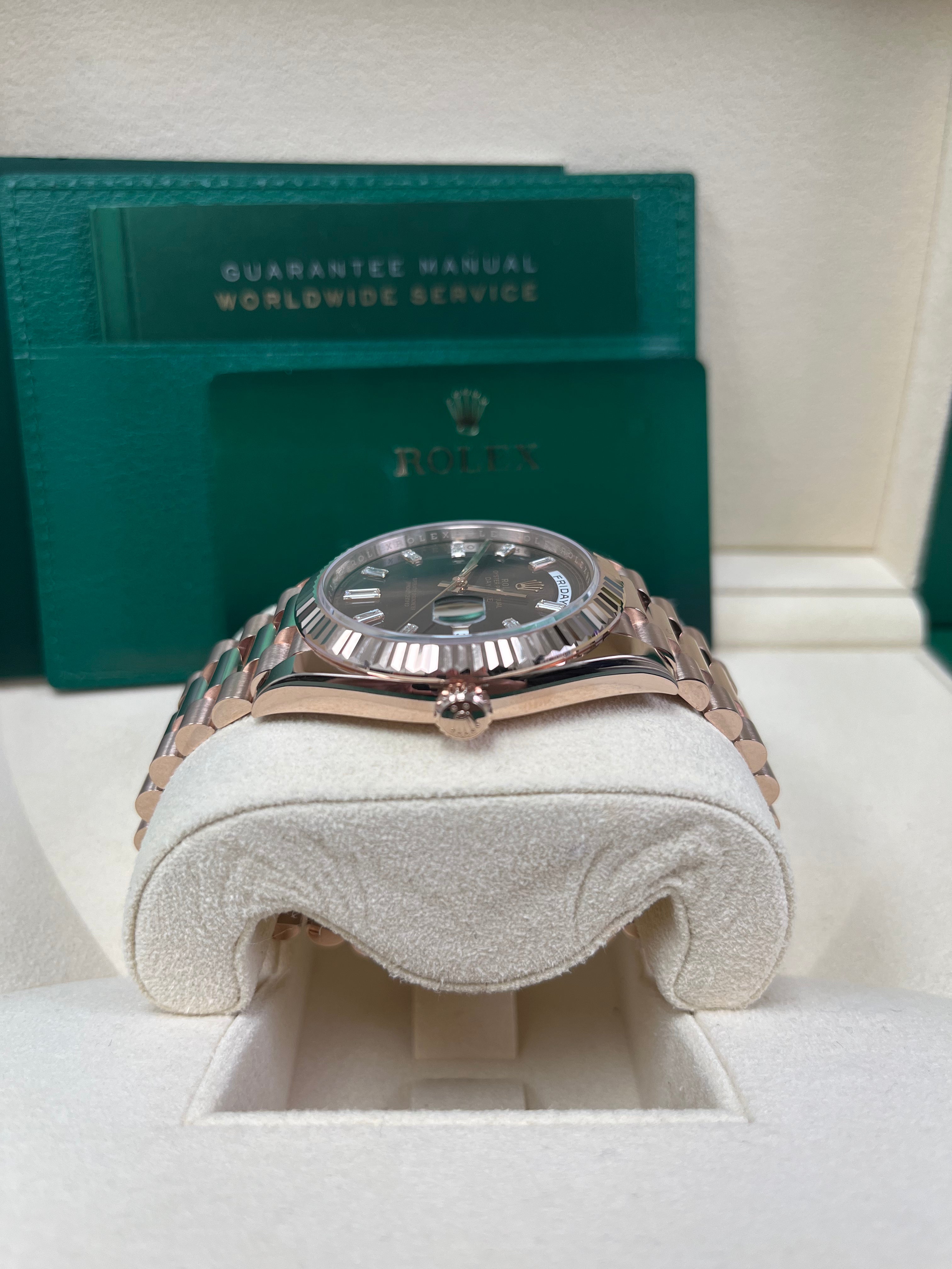 Rolex Day-Date 40 Rose Gold Men's Watch with Fluted Bezel & Chocolate Baguette Diamond Dial - Model 228235 | Luxury Dress Watch for Business & Formal Occasions