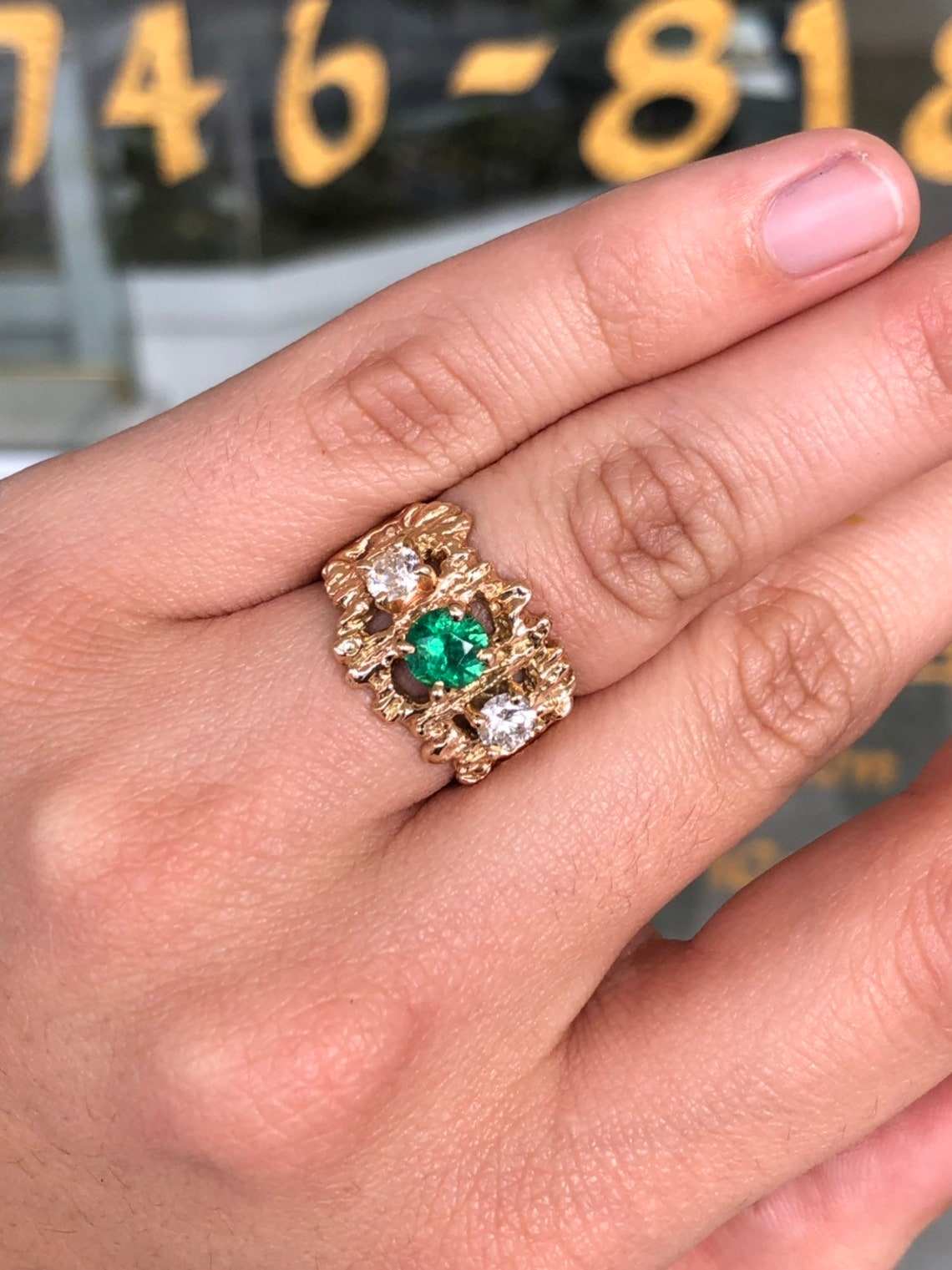 1.54tcw Natural Deep Green Round Emerald & Diamond Handmade Nugget Ring in Solid 14K Gold - Perfect for Weddings, Anniversaries & Special Occasions