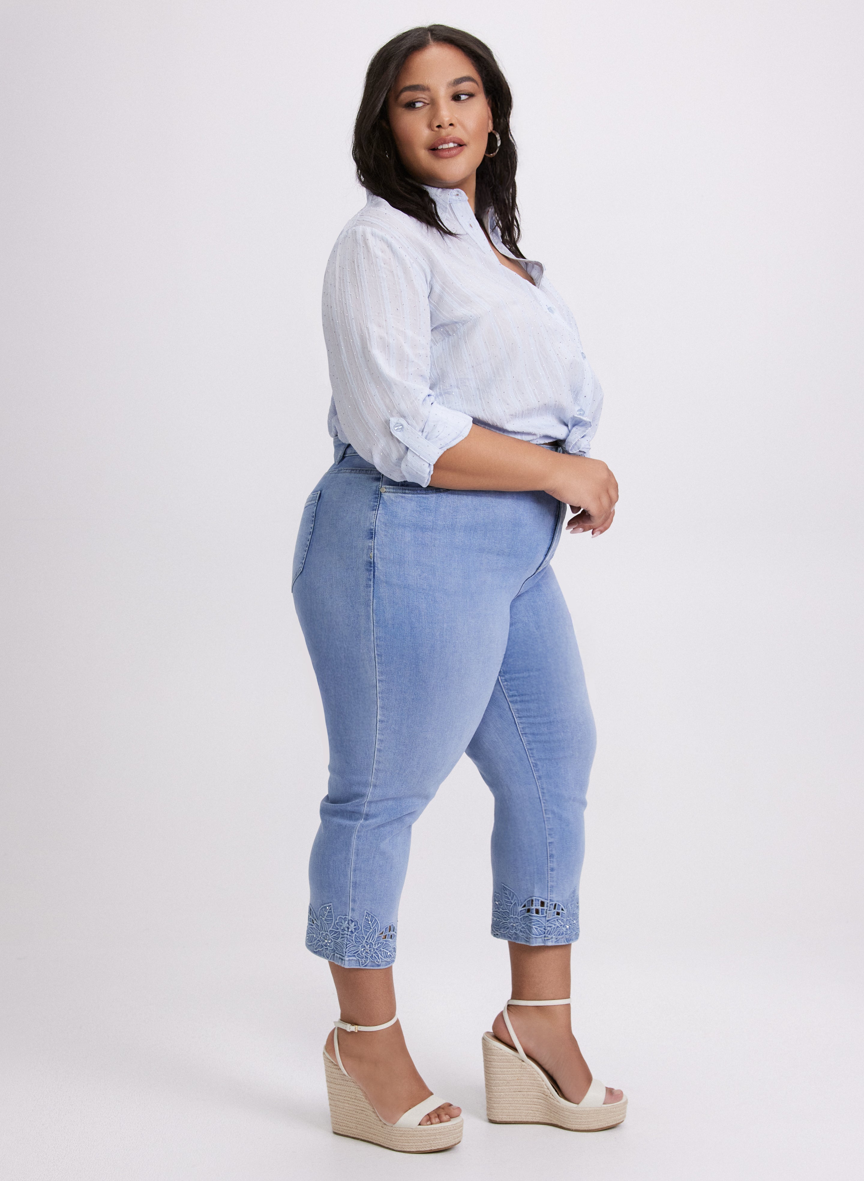 Floral Embroidered Denim Capris for Women - Stylish Summer Stretch Pants with Floral Design - Perfect for Casual Outings, Beach Vacations & Outdoor Activities