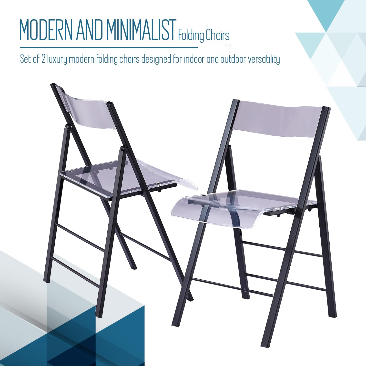 Kasper Flex Modern Acrylic Folding Chairs - Set of 2 Clear Lucite Chairs with Chrome Steel Frame for Dining Room, Office, Patio & Events - Indoor/Outdoor Stackable Transparent Chairs for Home, Restaurant & Wedding Decor