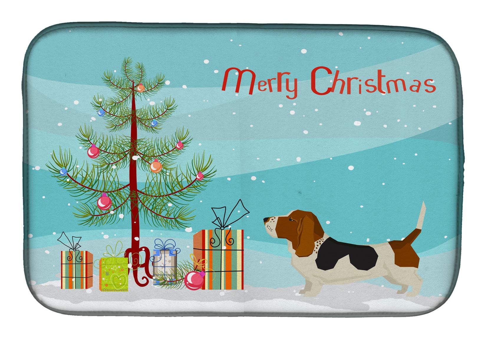 Basset Hound Christmas Tree Dish Drying Mat | Absorbent Kitchen Counter Pad | 14 x 21 Inch Multicolor Dog-Themed Dish Drainer | Perfect for Holiday Decor & Kitchen Countertop Protection
