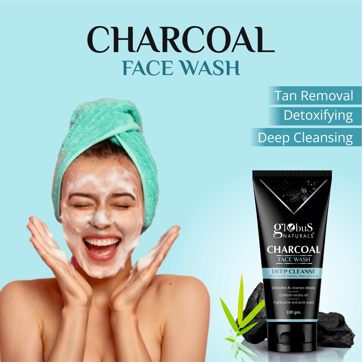 Globus Naturals Charcoal Face Wash with Tea Tree, Neem & Papaya - Deep Cleansing, Oil Control, Acne & Blackhead Treatment (100g) | Gentle Daily Cleanser for Oily & Acne-Prone Skin