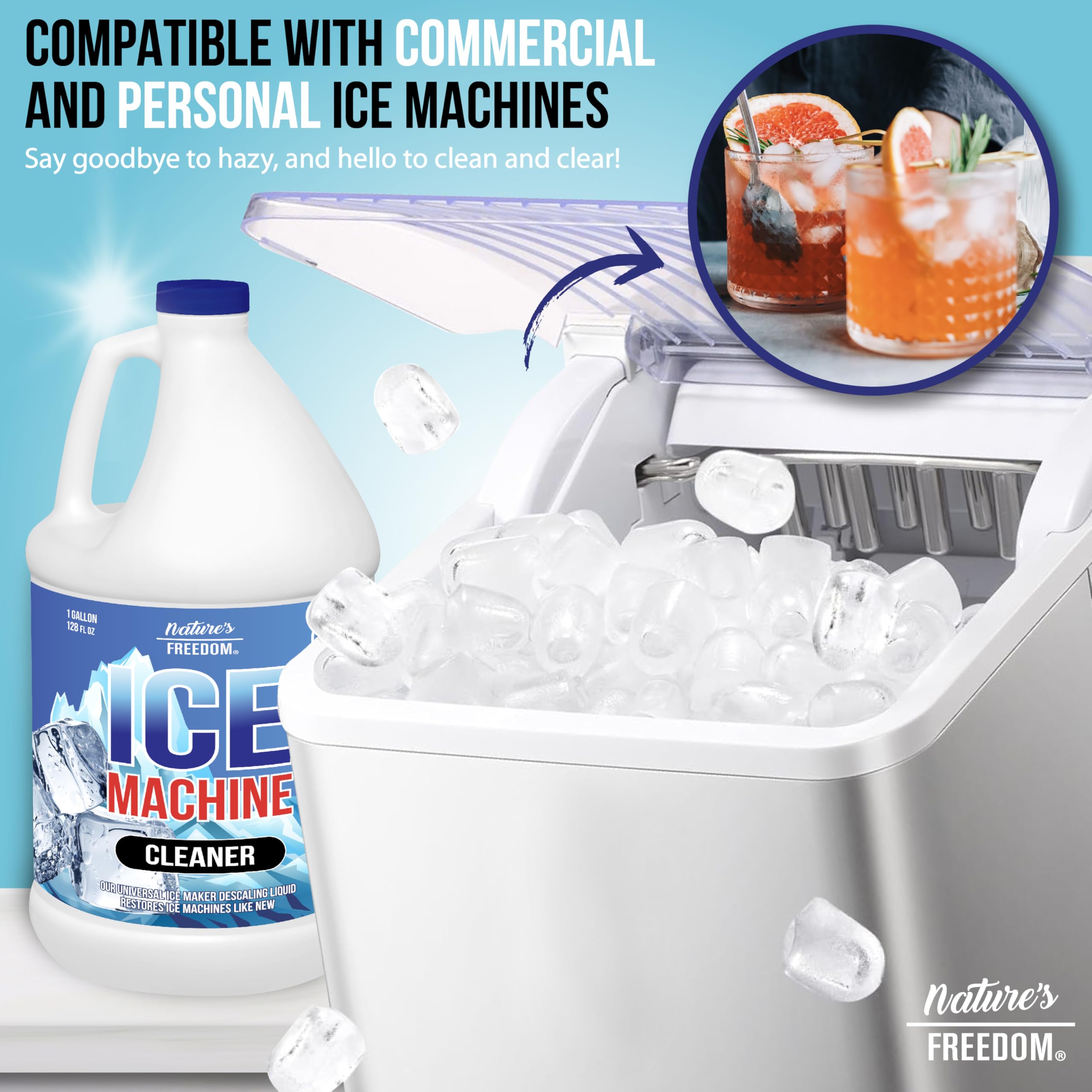 Nature's Freedom Ice Machine Cleaner & Descaler - 4 Gallons (128 Uses) | Nickel-Safe, Made in USA | Universal Commercial & Residential Use for Whirlpool, Scotsman & All Ice Makers | Perfect for Restaurants, Hotels & Home Bars