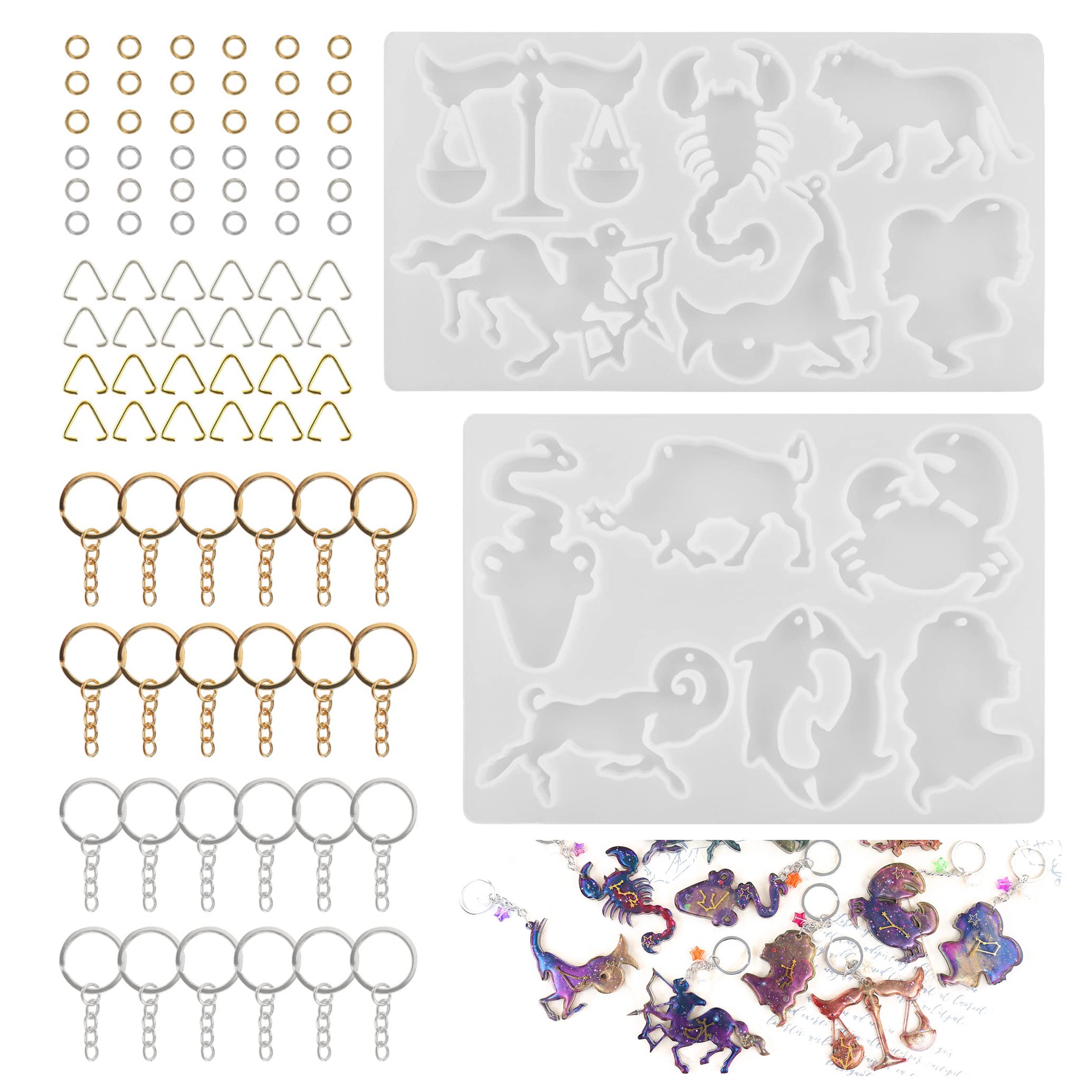 12 Zodiac Constellation Silicone Keychain Molds - DIY Resin Jewelry Making Kit for Necklace, Earrings & Pendants (Gold/Silver) - Perfect for Crafting Unique Gifts & Personalized Accessories