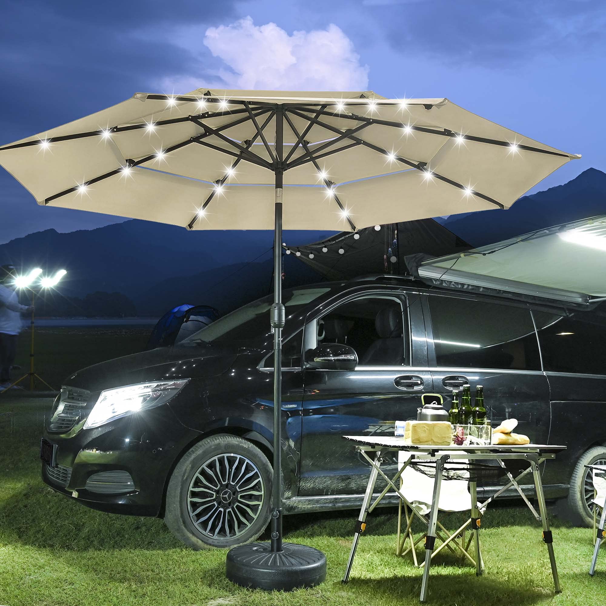 9ft 3-Tier Solar LED Patio Umbrella with Crank & Tilt - UV70+ Protection, Aluminum Frame for Outdoor Decks, Gardens & Poolside | Weather-Resistant, Solar-Powered Lighting