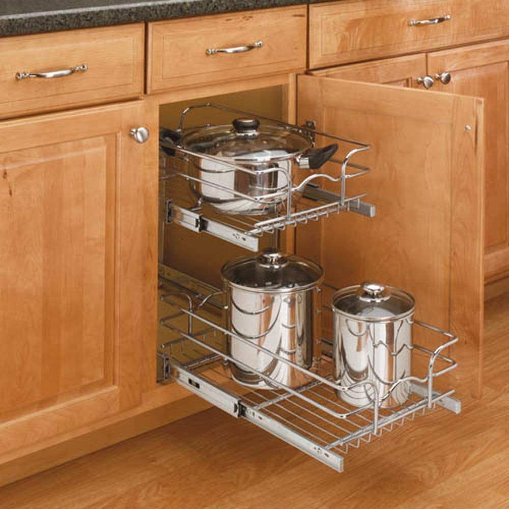 Rev-A-Shelf 15x22 Inch Chrome 2-Tier Pull Out Wire Basket Organizer for Kitchen Cabinets - Space Saving Storage Solution for Pots, Pans & Utensils