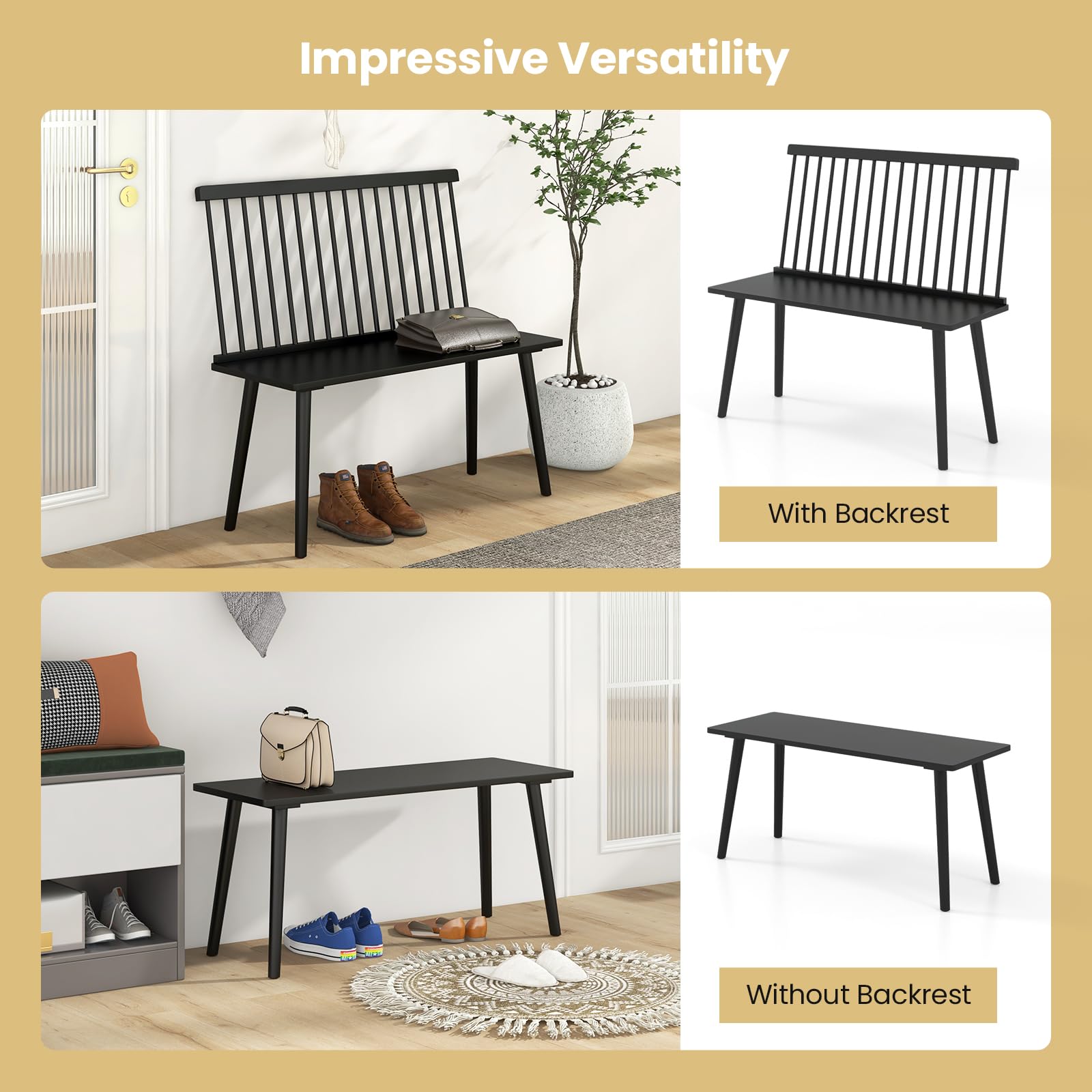 Giantex Black Windsor Dining Bench with Spindle Back & Anti-Slip Foot Pads - Farmhouse Style Rubber Wood Entryway Bench for Living Room, Dining Room, Hallway - Perfect for Farmhouse Decor, Small Space Seating & Cozy Home Entryways