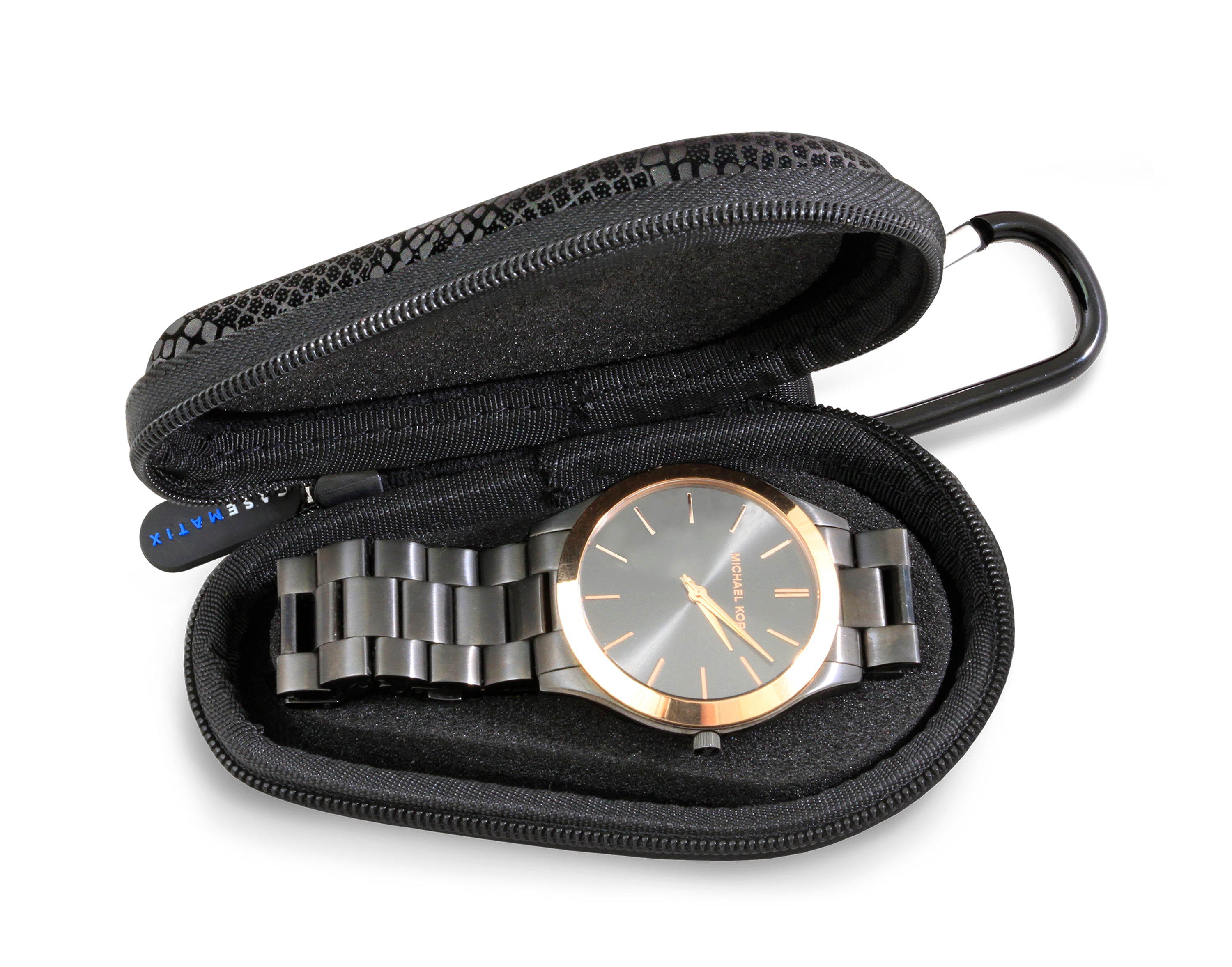 CASEMATIX Premium Watch Travel Case - Hard Shell Exterior & Cushion Foam Interior for Protection - Fits Watches Up to 56mm with Reinforced Zippers & Metal Carabiner - Perfect for Business Travel, Vacation & Watch Collection Storage