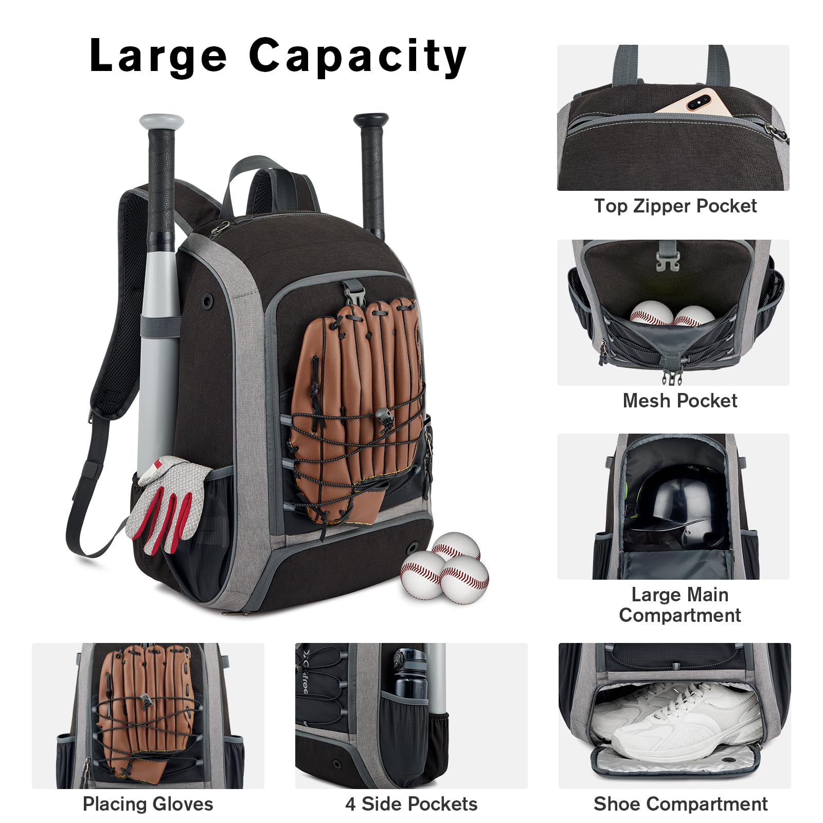 G4Free Youth & Adult Baseball Backpack - Lightweight Softball Bag with Shoe Compartment, Large Bat Storage & Fence Hook | Perfect for T-ball, Little League & Travel Games