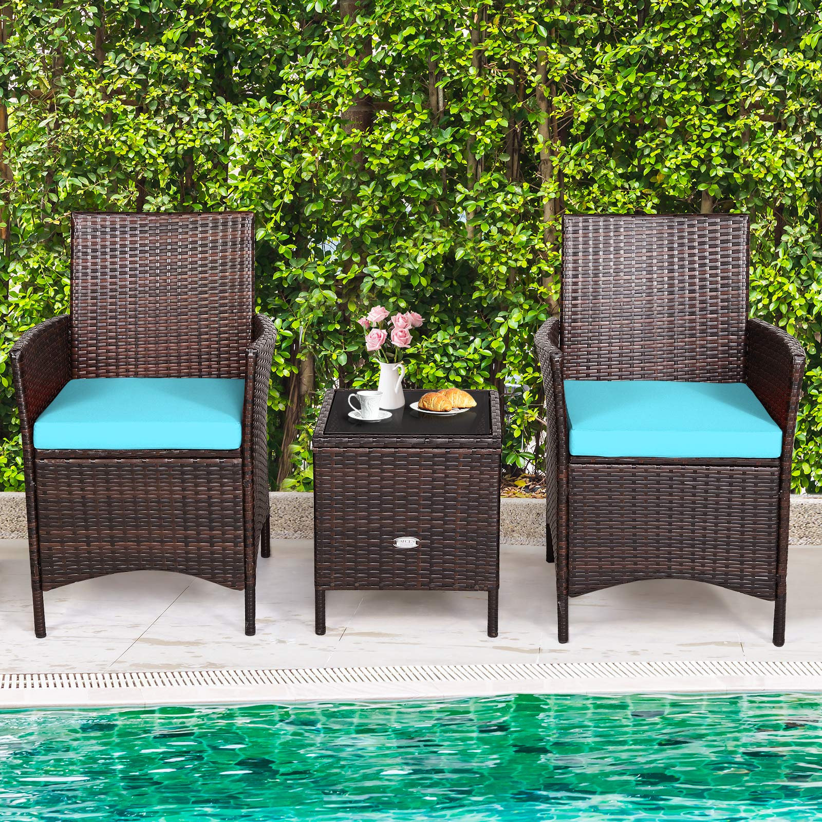 HappyGrill 3-Piece Patio Furniture Set - Rattan Wicker Bistro Set with Glass Coffee Table & Cushions, Outdoor Conversation Set for Garden, Lawn, Poolside, Backyard | Perfect for Relaxing, Entertaining & Outdoor Dining
