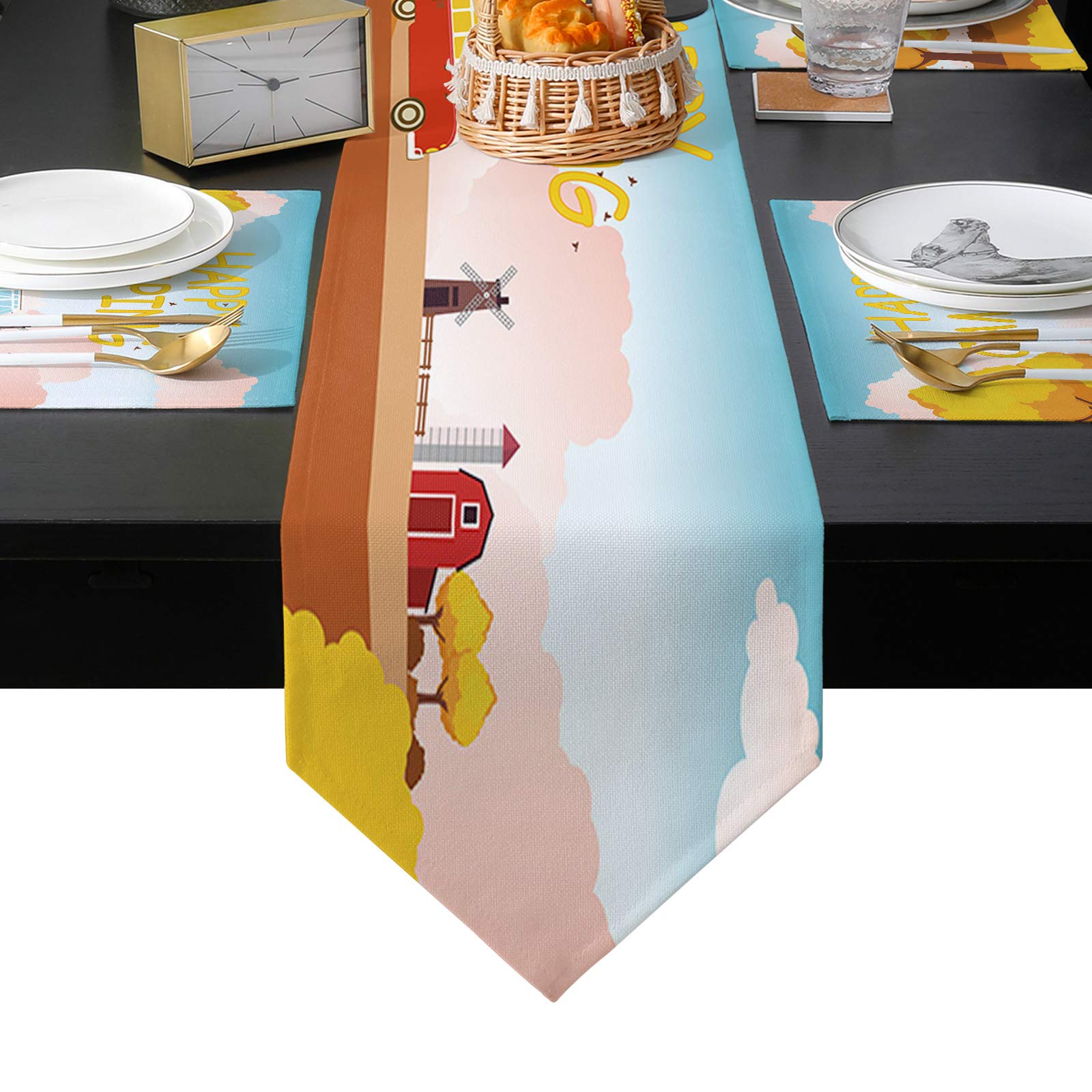 ARTSHOWING Happy Camper Table Runner Set - 6-Piece Non-Slip Placemats & Decorative Table Cover for Kitchen, Coffee Table, TV Stand (13x90 Inch) - Autumn Camping Theme Design - Perfect for Fall Gatherings, Thanksgiving Decor & Outdoor-Themed Dining
