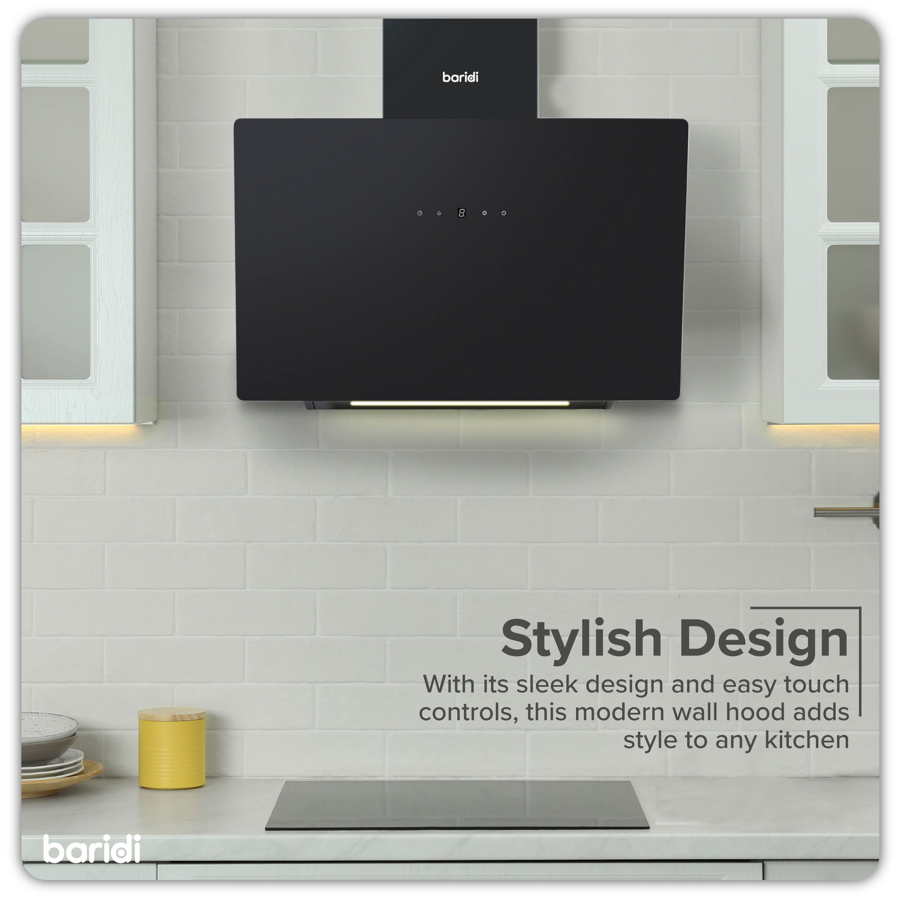 Baridi 60cm Angled Chimney Range Hood with Carbon Filters - Touch Control & LED Lighting - Black Glass Kitchen Exhaust Fan - Perfect for Modern Kitchens, Apartments & Open-Plan Homes (Model DH105)